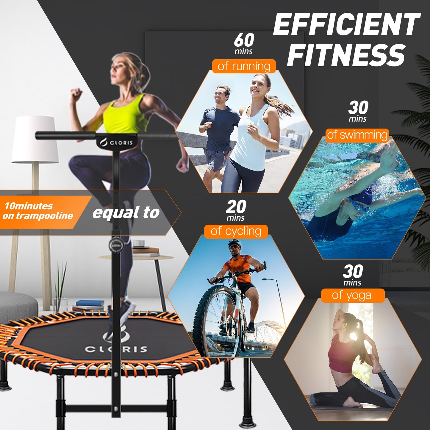 CLORIS 48'' Foldable Fitness Trampoline - Max Load 400lbs / 450lbs, Rebounder with Adjustable Foam Handle Indoor/Outdoor Fitness Body Exercise (48'' Orange)