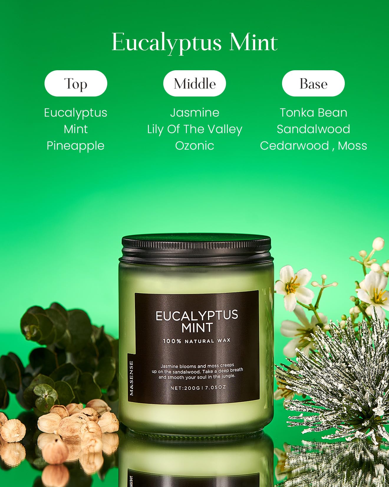 M&SENSE Eucalyptus Mint Soy Scented Candles Gifts for Men Strong Non Toxic 200g 50H Highly Scented Candles Gifts for Women Organic Small Jar Peppermint Woody Candle for Spa Nights Relaxation