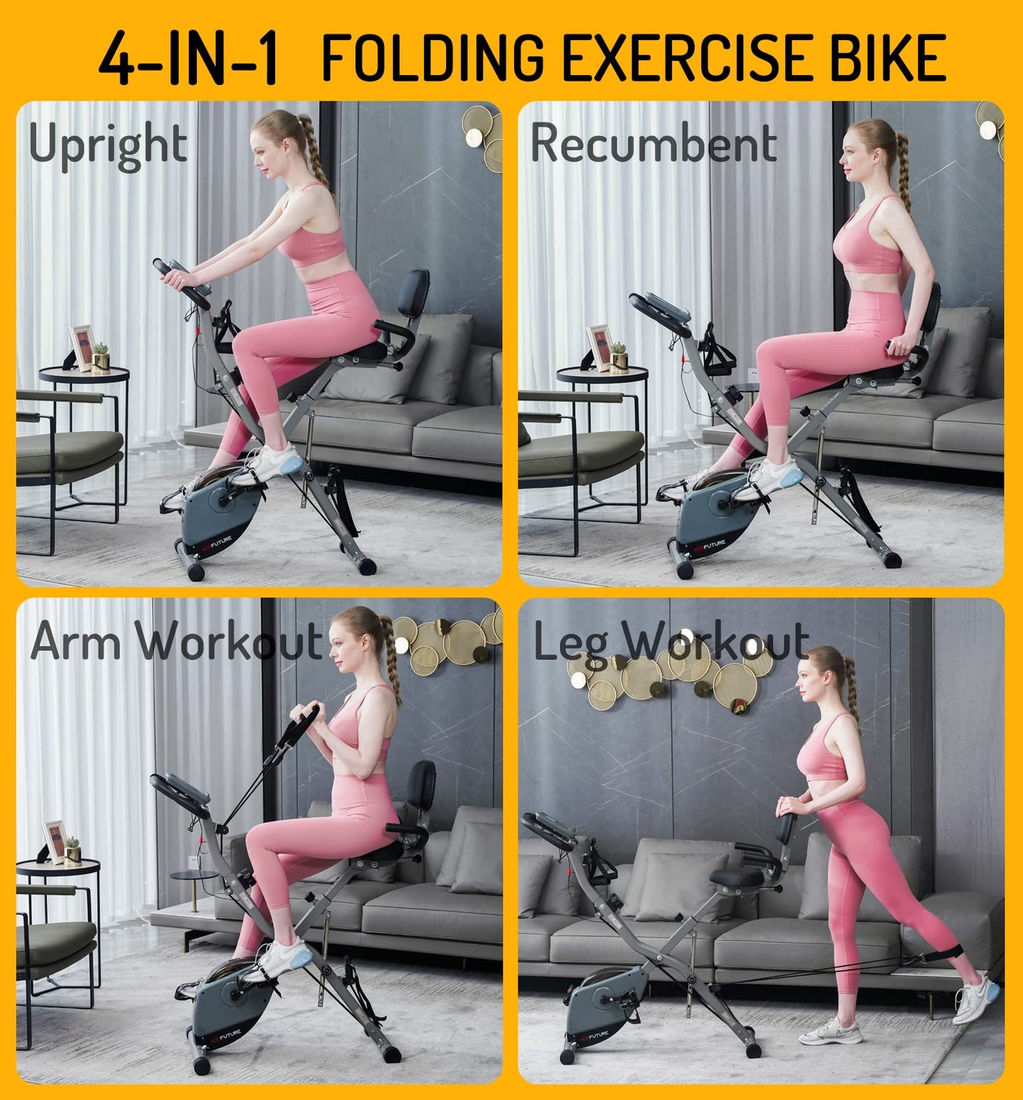 AceFuture 4-IN-1 Exercise Bikes for Home Use, Folding Indoor Stationary Cycling Bike with Arm/Leg Workout Bands,16 Levels Magnetic Resistance Fitness Bicycle with Hand Pulse and Phone/Tablet Holder