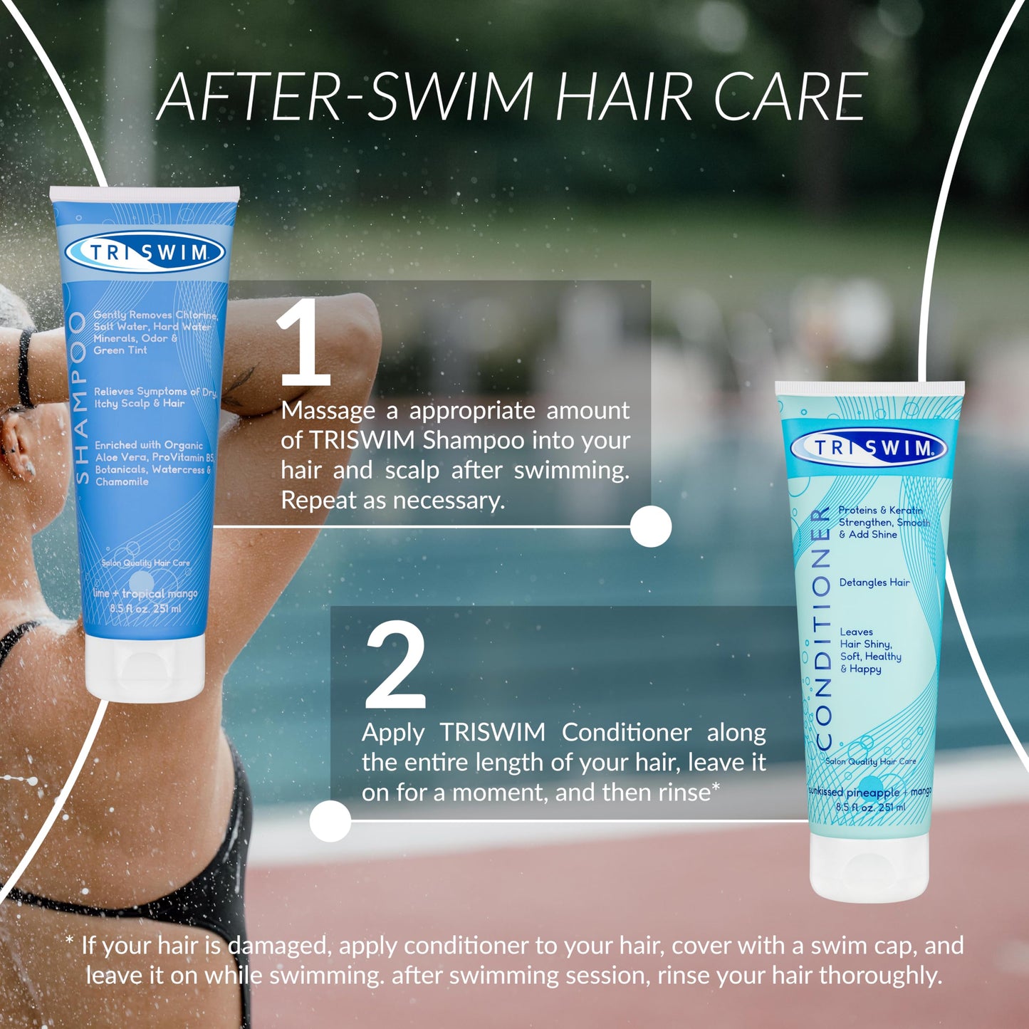 TRISWIM - Chlorine Removal Hair Care Bundle, After Swim Care Shampoo and Moisturizing Conditioner, Anti-Chlorine Hair Protection For Swimmers, Removes Green Tint, Vegan & Cruelty Free (251+251 ml)