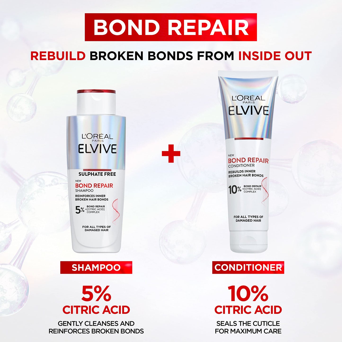 L’Oreal Paris Elvive Bond Repair Routine Set for Damaged Hair, Shampoo 200ml and Conditioner 150ml, Deep Intensive Hair Repair Treatment, Rebuild Broken Hair Bonds