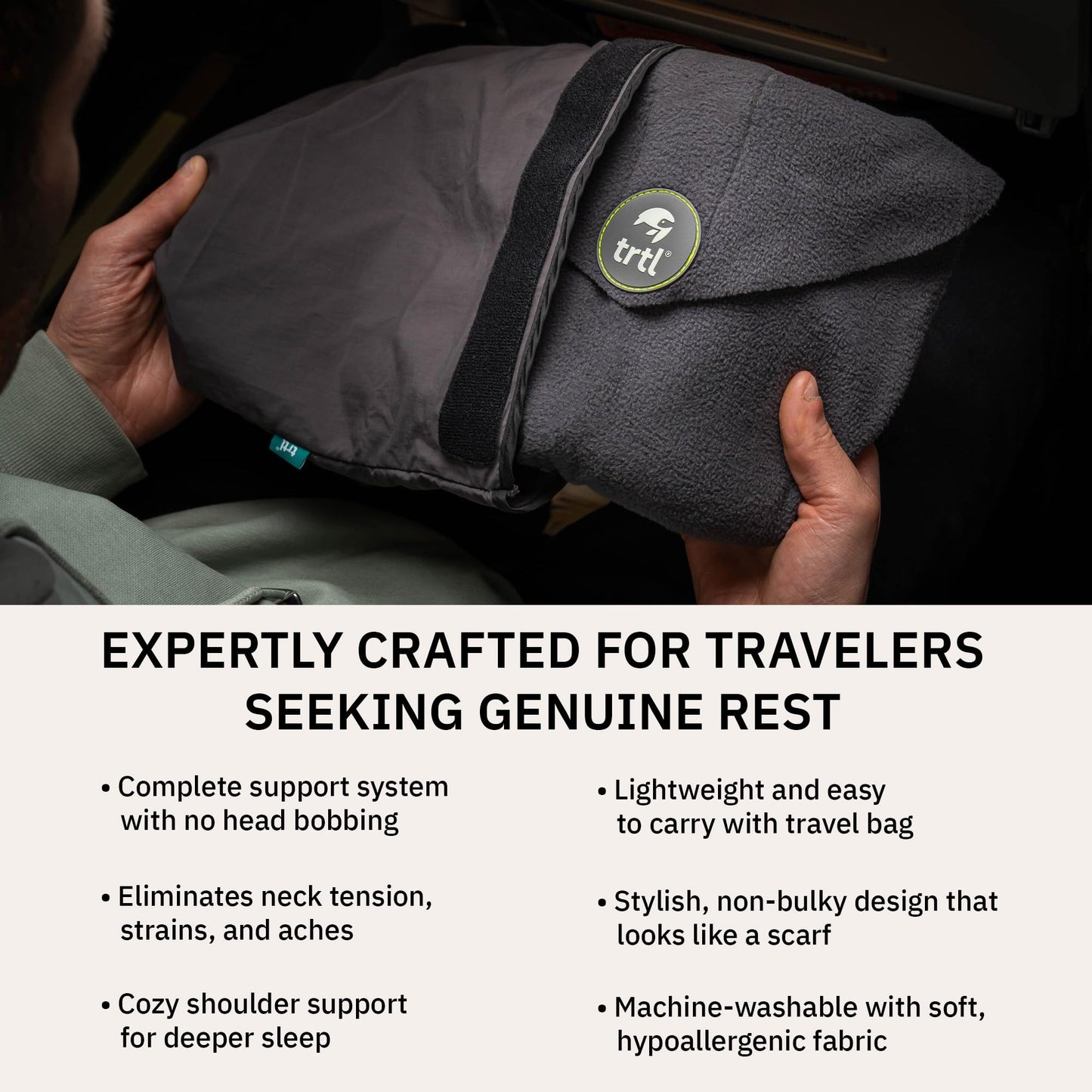 trtl Travel Pillow - Airplane Pillow for Neck and Shoulder Support - Soft, Lightweight, Machine-Washable Travel Pillows for Airplanes - Grey