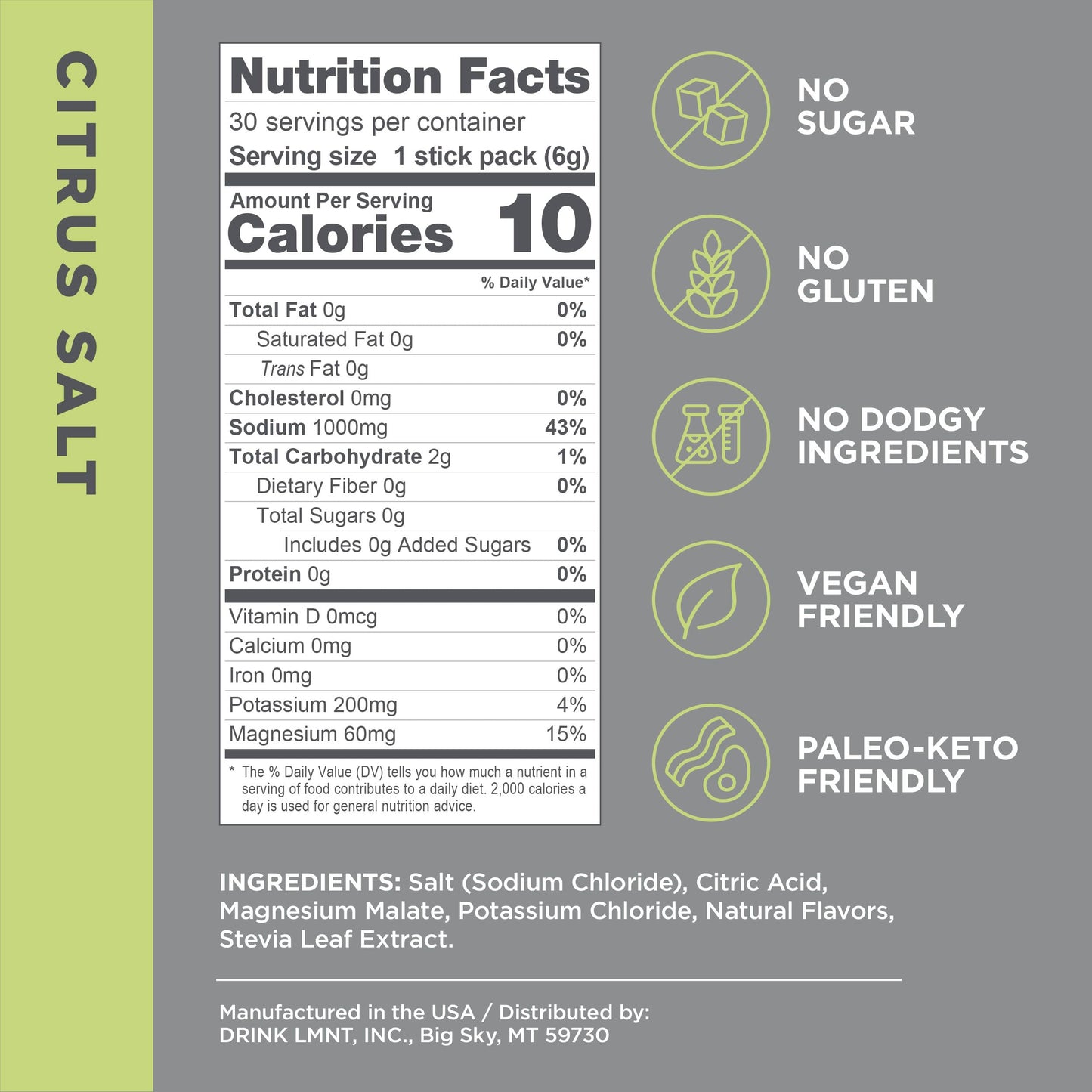 LMNT Keto Electrolyte Powder Packets | Paleo Hydration Powder | No Sugar, No Artificial Ingredients | Citrus Salt | 30 Stick Packs
