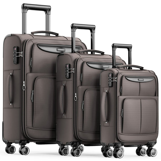 SHOWKOO Suitcase Sets 3 Piece Softshell Expandable Lightweight Durable Travel Luggage with Double Spinner Wheels TSA Lock, 20" 24" 28" Light Coffee
