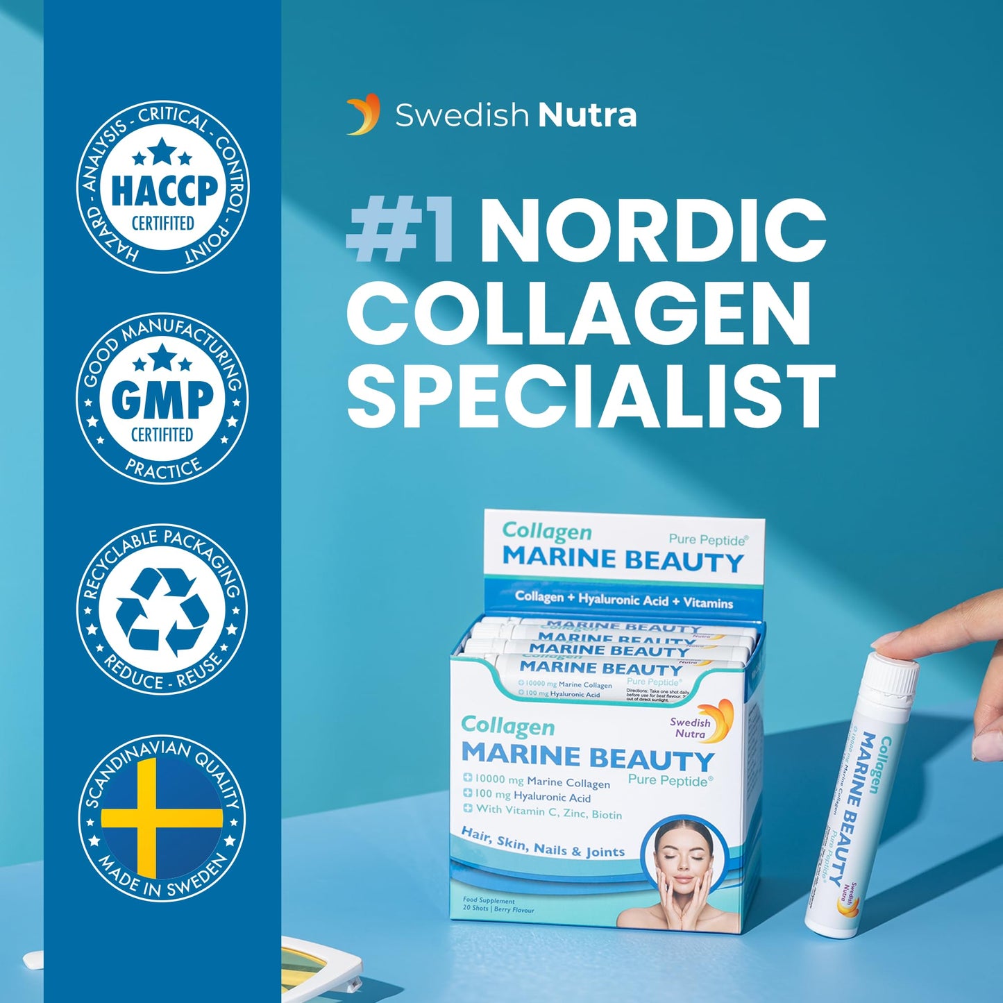 Swedish Nutra - Marine Beauty Shots - 2 Boxes, 40 Day Supply I 10000 mg Hydrolyzed Marine Collagen (Type I & III) I Skin, Hair & Nails I Higher Absorption