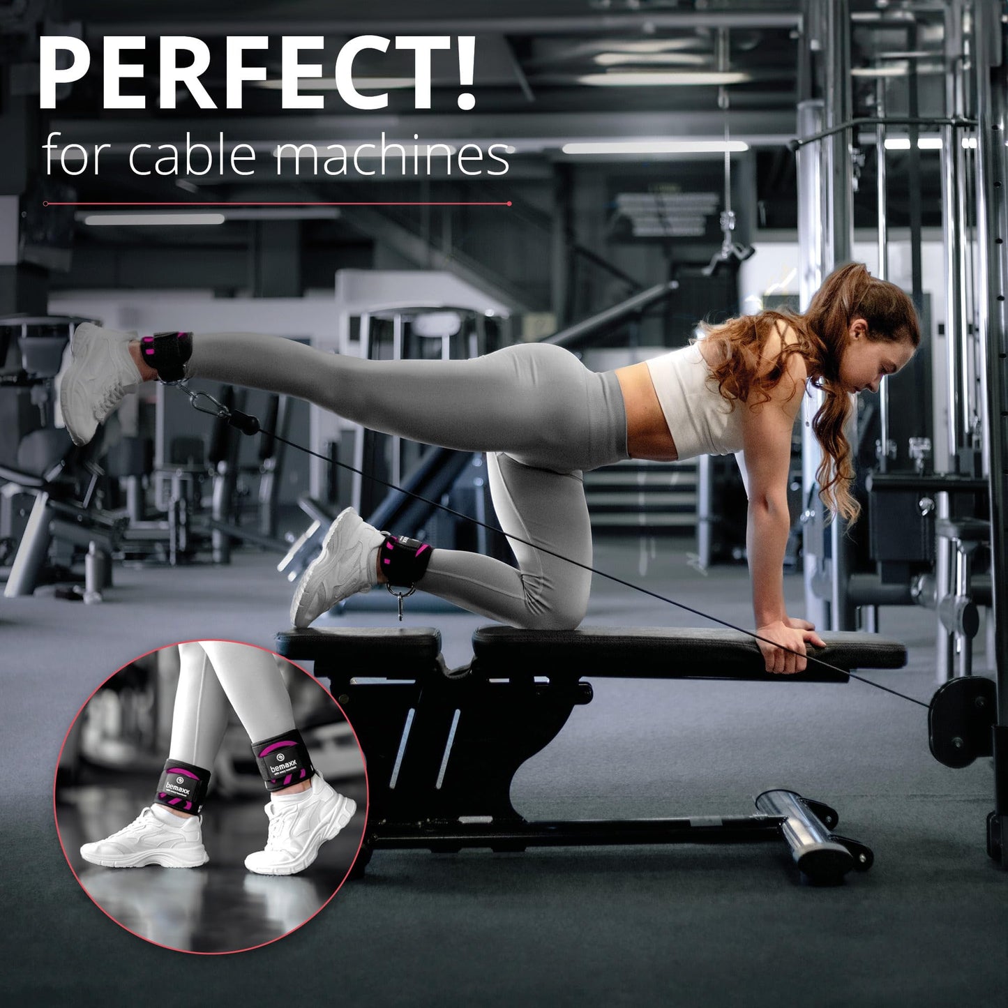 Ankle Straps Set for Cable Pulley Machine + Training Guide - 1 Pair One-Size Padded Foot Cuffs with Fastener for Workout | Leg Butt Glute Gym Fitness Sport Equipment, Women Men Footstrap Bodybuilding
