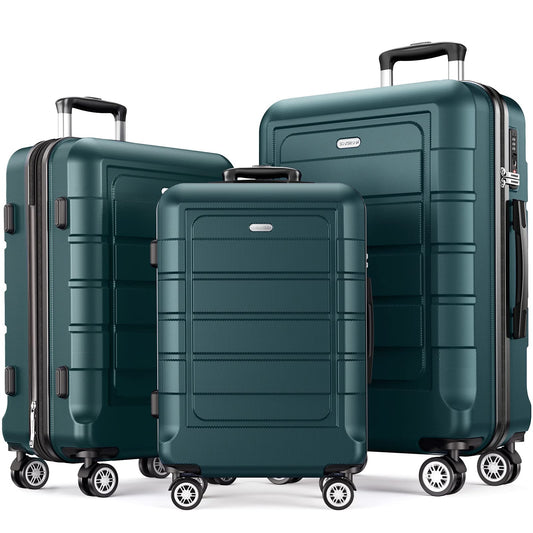 SHOWKOO Luggage Sets 3 Piece Hard Shell PC+ABS Expandable Lightweight Durable Trolley Travel Suitcase with Spinner Wheels TSA Lock, 20" 24" 28" -Army Green
