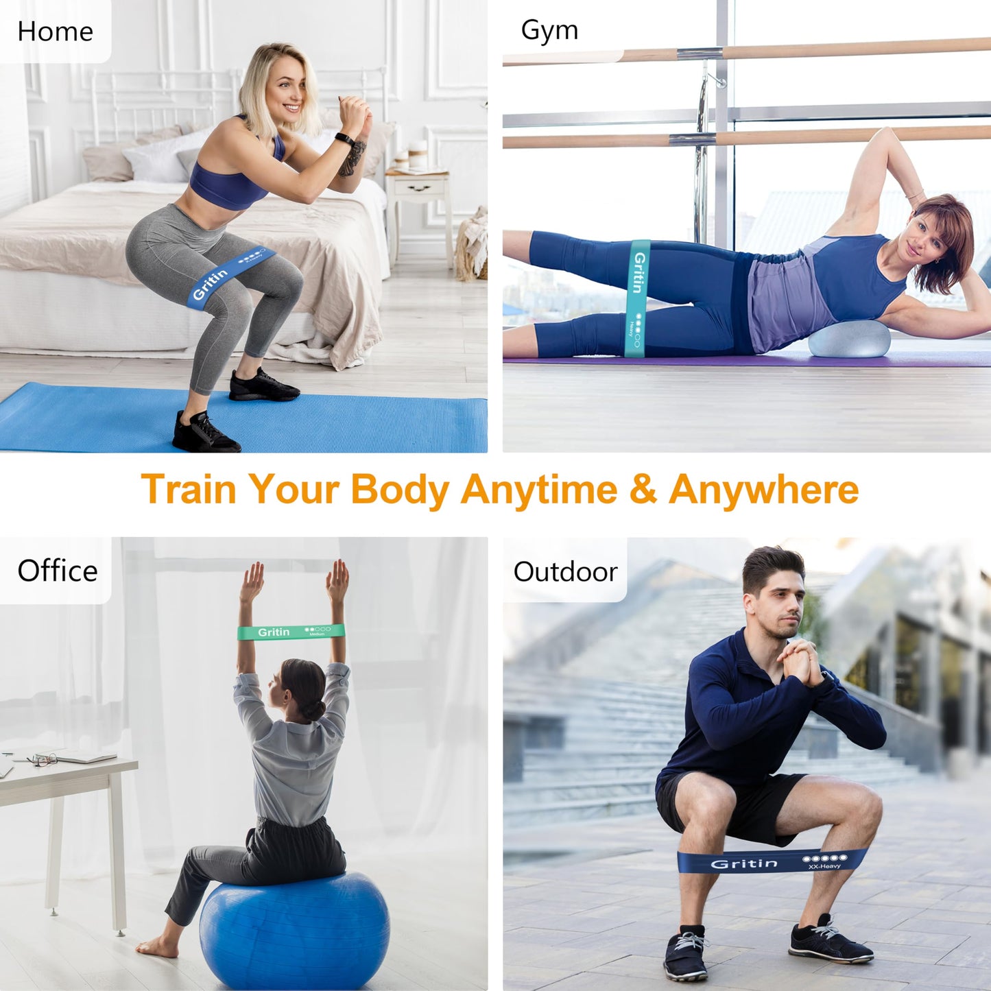 Gritin Resistance Bands, [Set of 5] Skin-Friendly Resistance Fitness Exercise Loop Bands with 5 Different Resistance Levels - Free Carrying Case Included - Ideal for Home, Gym, Yoga, Training