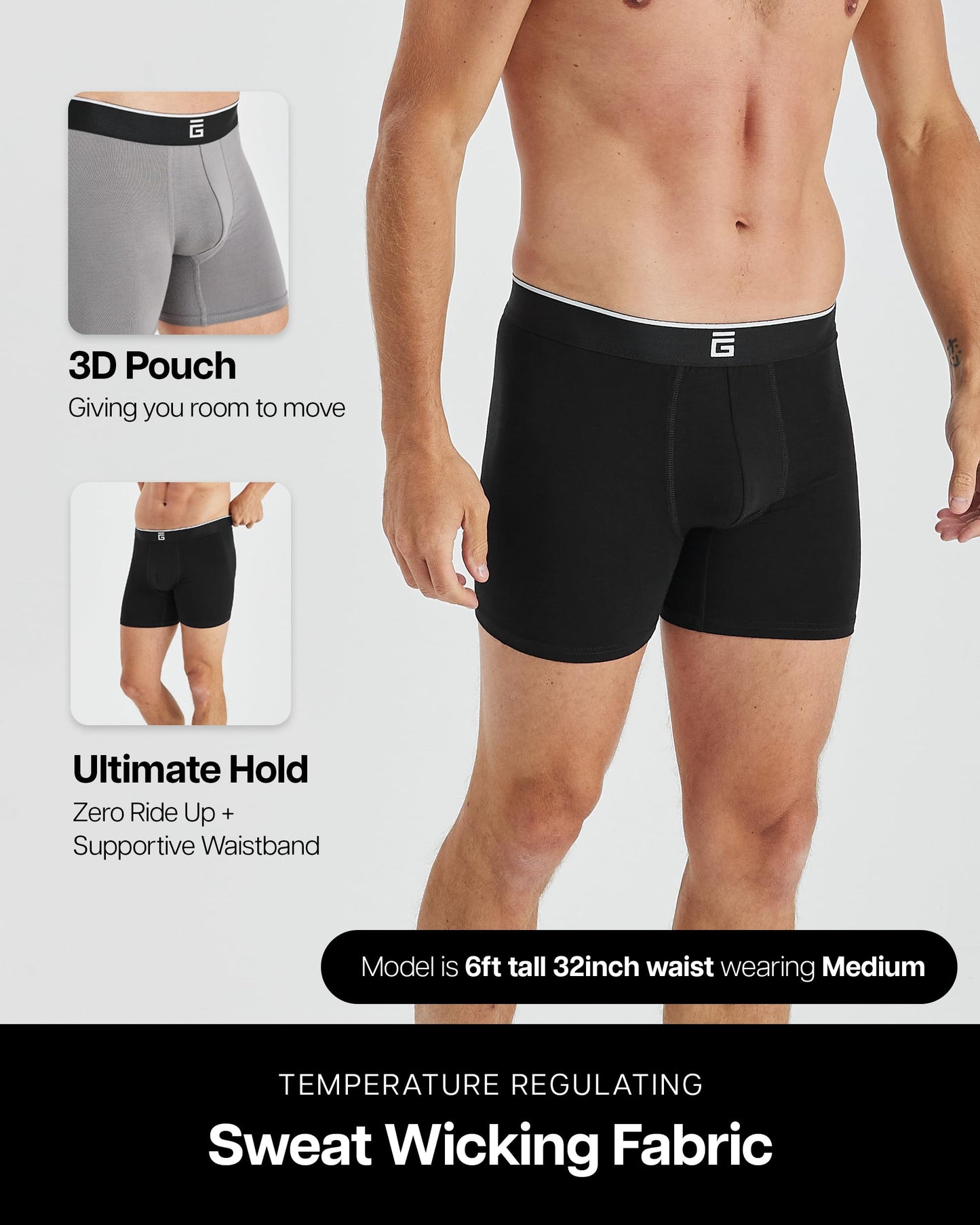 Giovici Mens Boxers Bamboo Anti Chafing Soft Comfortable Boxer Briefs Longer Leg - Boxer Shorts Multipack - Moisture Wicking Technology (3 Pack, Black, L)