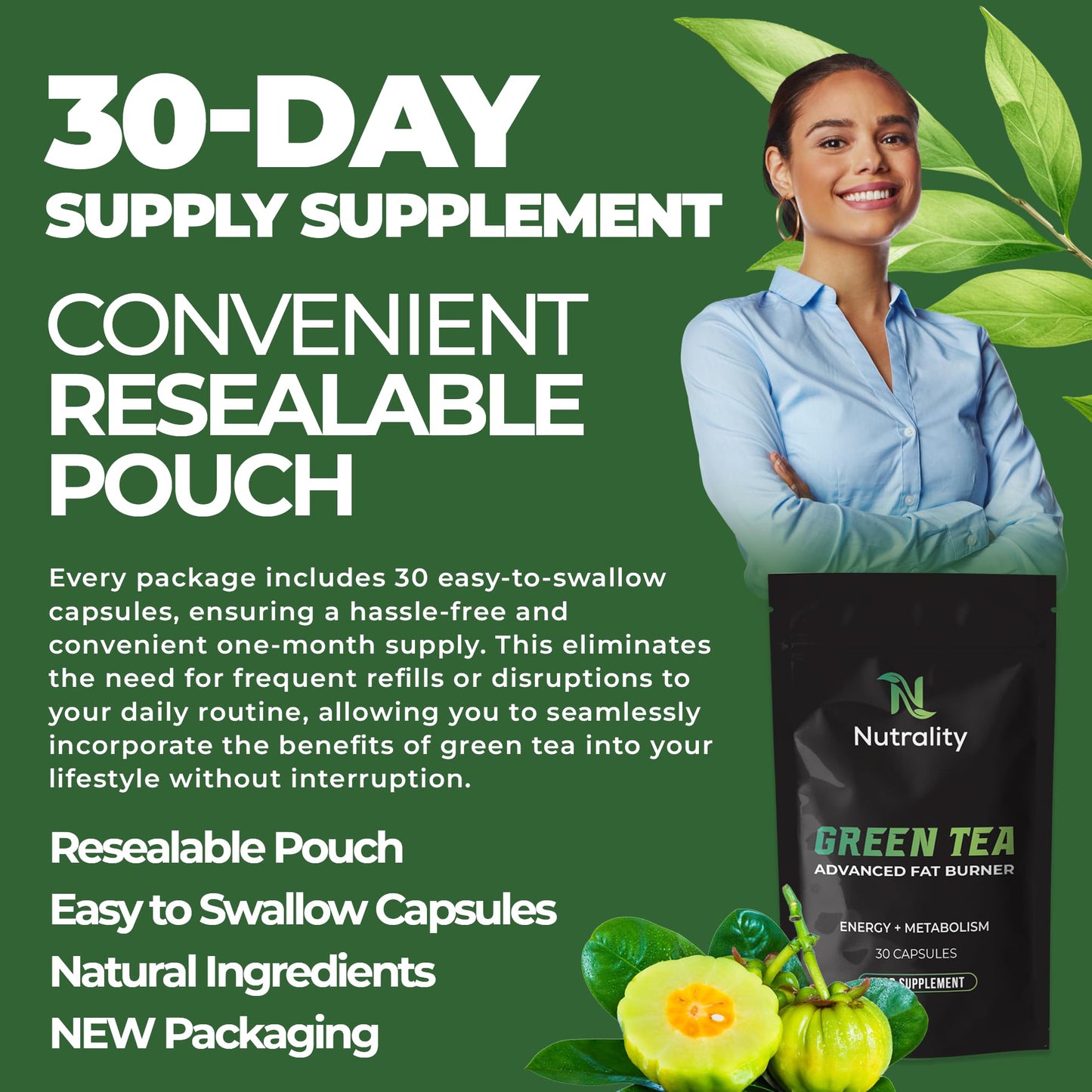 Nutrality Green Tea Advanced Fat Burner Supplement | for Men & Women | Weight Management, Metabolism Boost & Appetite Suppressant | 30 Vegan Capsules