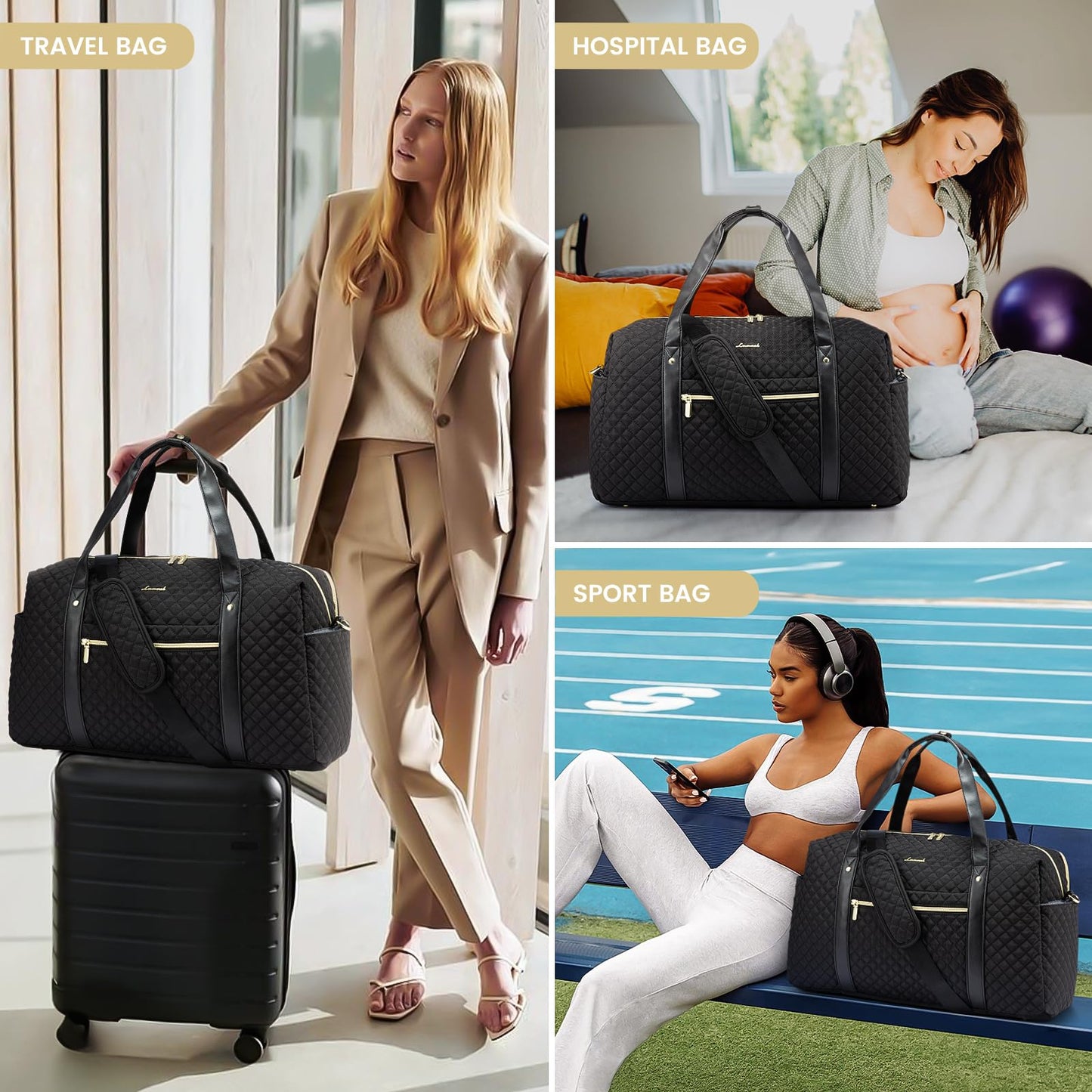 LOVEVOOK Travel Duffle Bag for Women, Weekend Overnight Bags with Cosmetic Bag, Large Waterproof Ladies Holdall for Hospital Maternity Gym, Carry On Flight Womens, Black