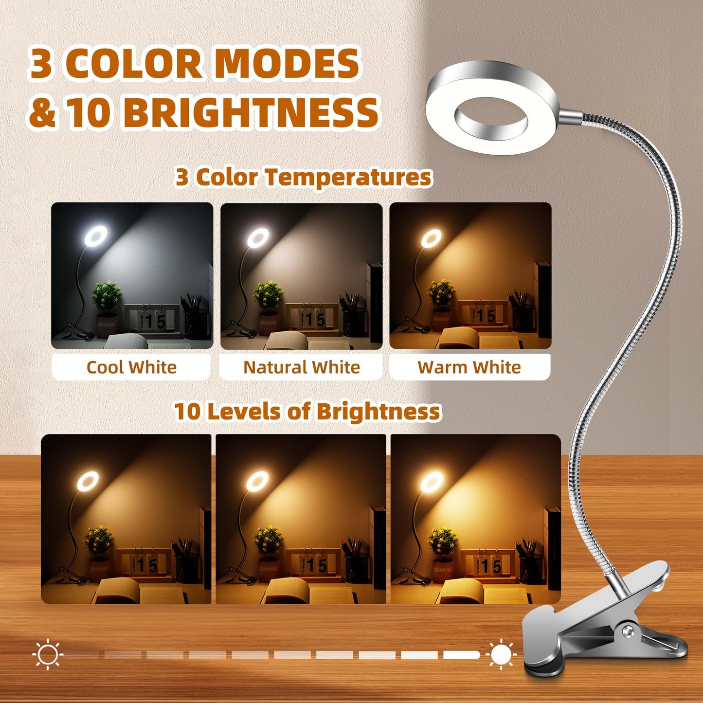 Akynite 7W USB Clip On Bedside Reading Light with Adapter, 3 Colour Changing & 10 Brightness, LED Nail Ring Light Clip on Desk, Flexible Clamp Beauty Lamp for Eyelash Extensions, Silver
