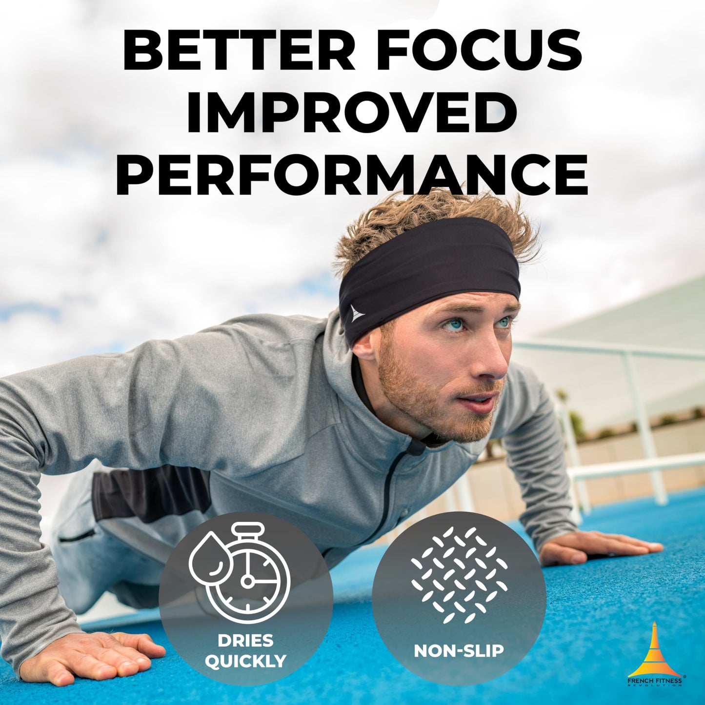 French Fitness Revolution - Stretchy Sports Headband for Men & Women - Guys Sweatband for Running, Cycling, Basketball, Yoga, Fitness - Moisture Wicking Workout Hairband - Made in Europe