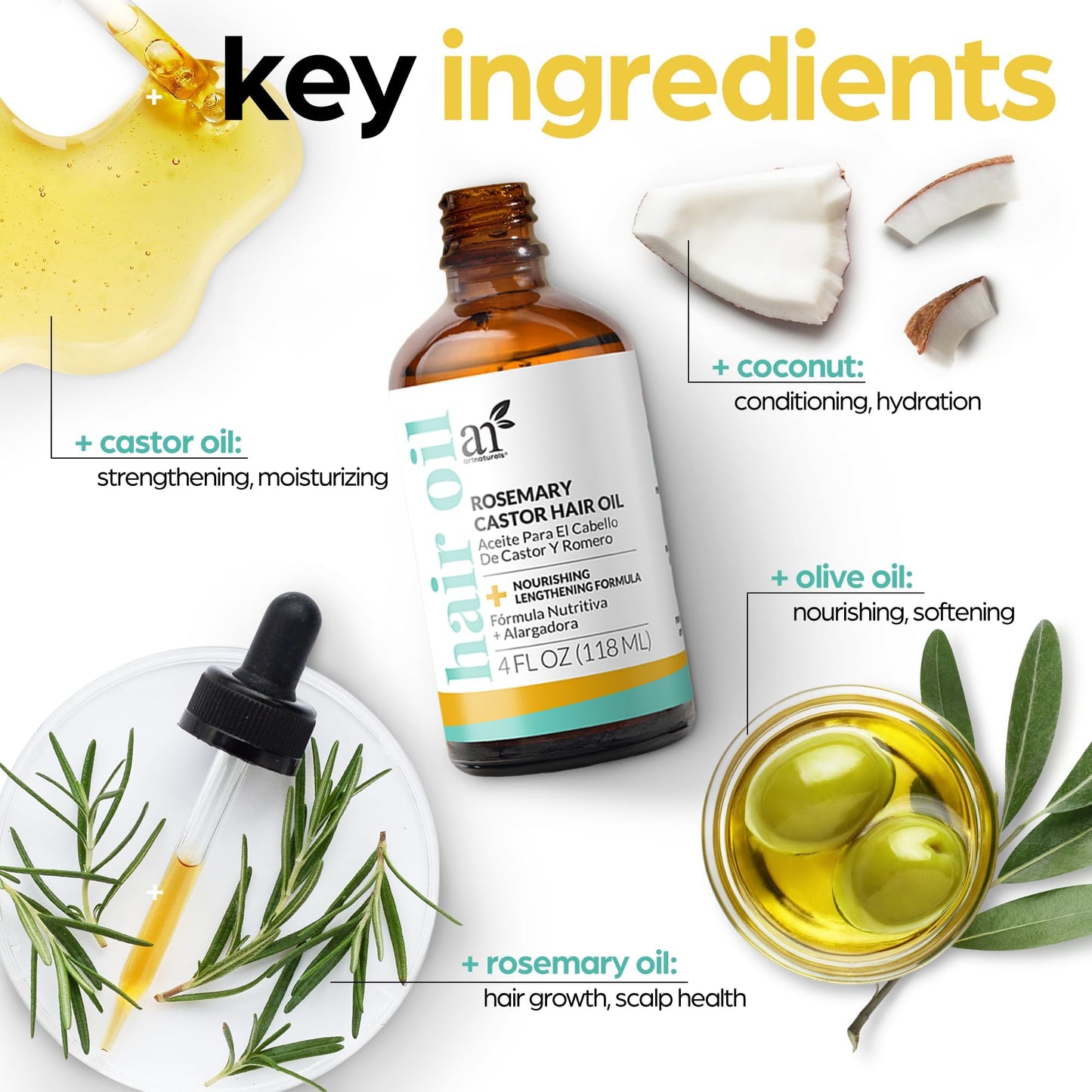 Artnaturals Organic Rosemary Castor Hair Oil + Scalp Massager 118ml ounces with Coconut & Olive Oil for Dry, Damaged & Split End