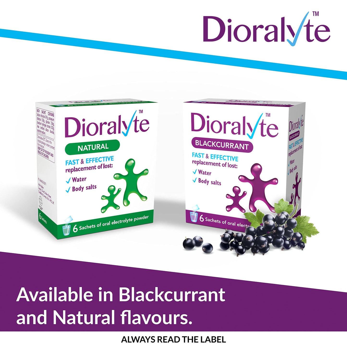 Dioralyte - Fast and Effective Supplement Treatment for Reducing Dehydration and Replacing Electrolytes (mineral salts) of Lost Body Water and Salts- Blackcurrant Flavour - 6 Sachets