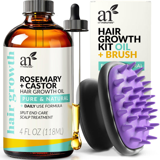 Artnaturals Organic Rosemary Castor Hair Oil + Scalp Massager 118ml ounces with Coconut & Olive Oil for Dry, Damaged & Split End