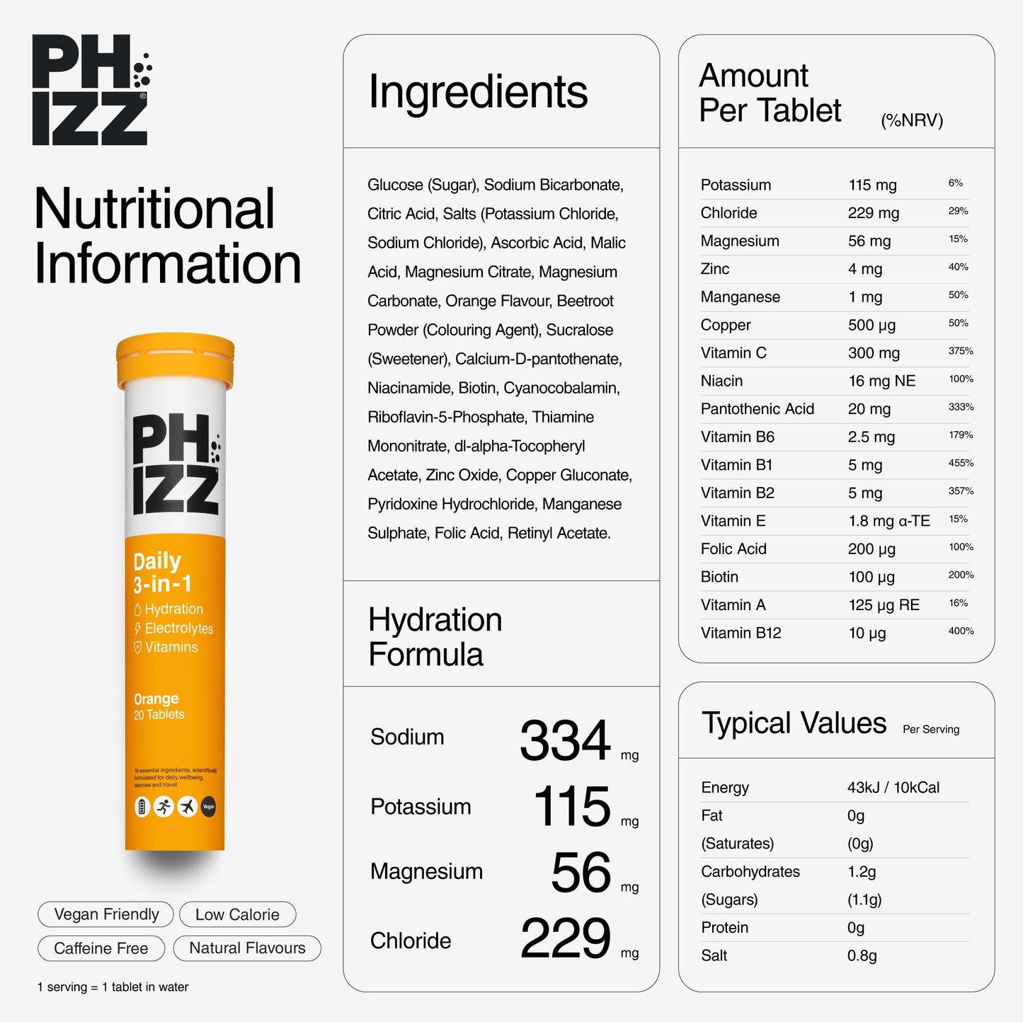 Phizz Electrolytes, Multivitamin & Hydration Tablets - 20 Effervescent Rehydration Electrolyte Tablets - 18 Vitamins & Minerals, Vitamin C, Vegan, Vegetarian & Low Calorie (Orange, 20 Tablets)