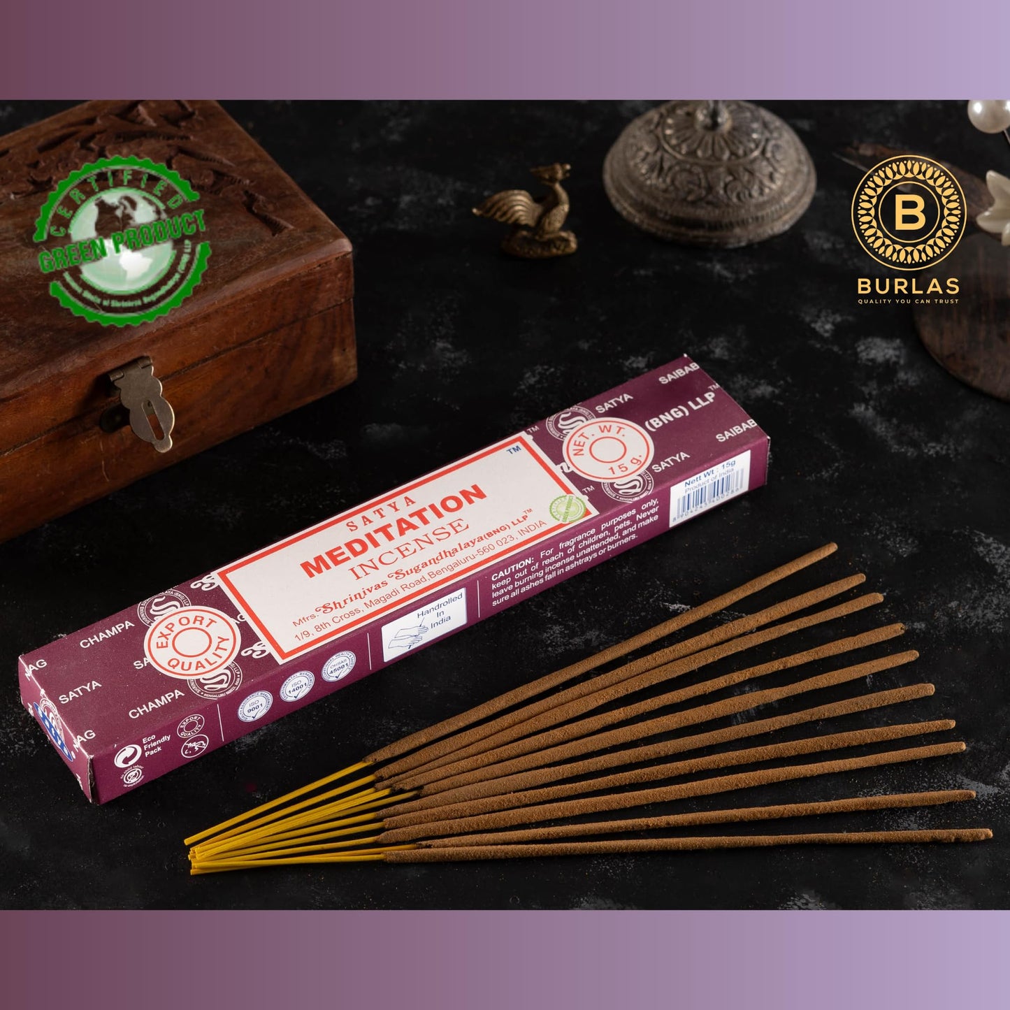 Satya Meditation Incense Sticks 3-Pack with Burlas Holder, 15g pack, Hand Rolled for Relaxation, Meditation, Yoga, Meomatherapy, Spa, Weddings, Healing and Positivity