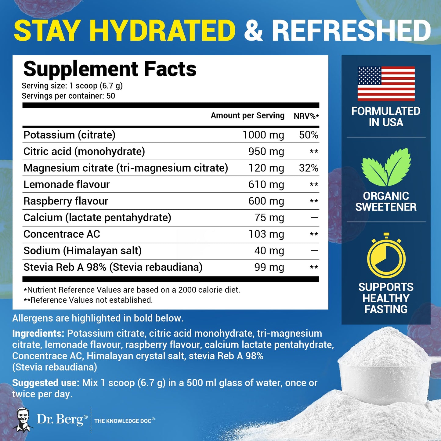 Dr. Berg Zero Sugar Hydration Keto Electrolyte Powder - Enhanced w/ 1000 mg of Potassium & Real Pink Himalayan Salt (NOT Table Salt) - Raspberry & Lemon Flavor Hydration Drink Supplement - 50 Servings