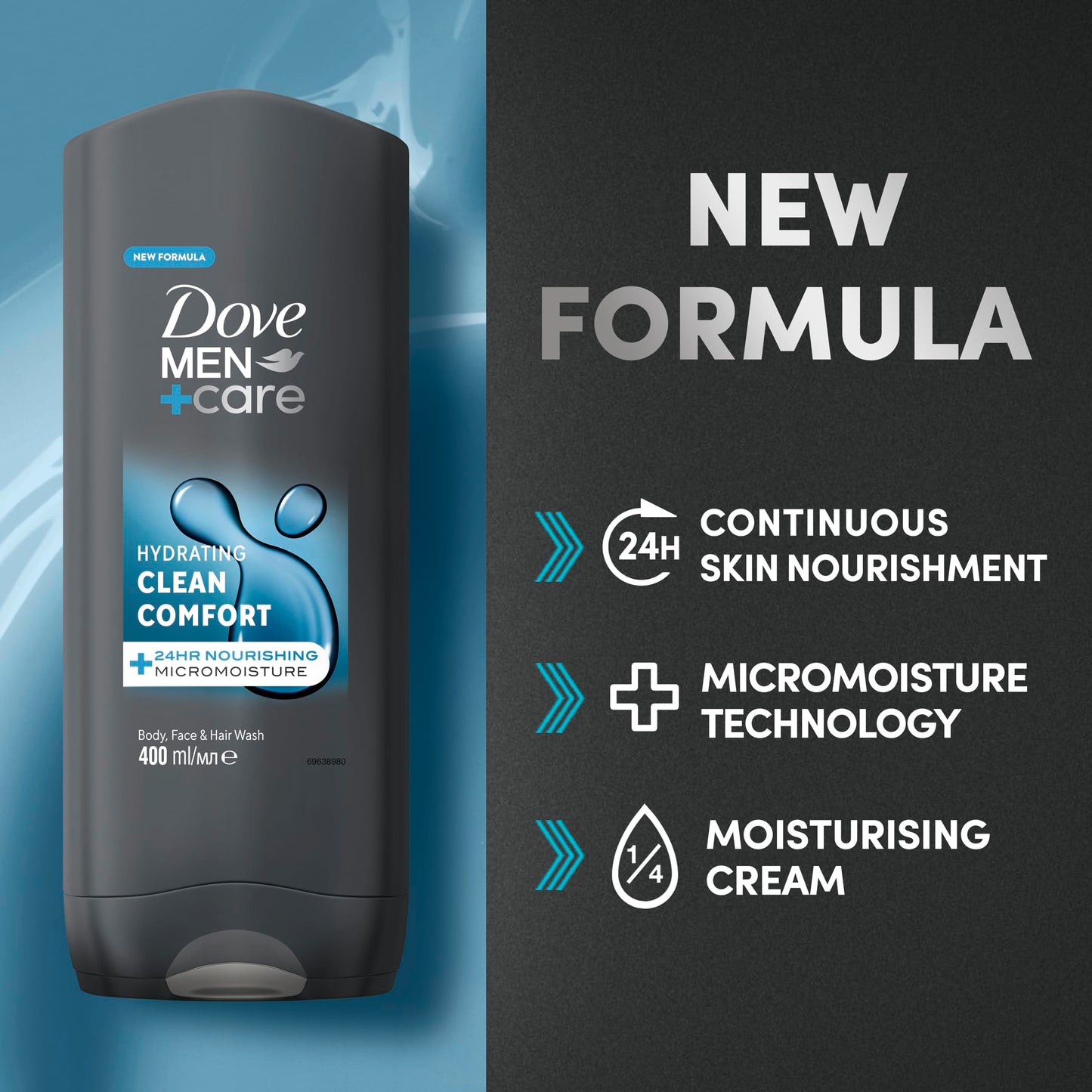 Dove Men+Care Hydrating Clean Comfort 3-in-1 Hair, Body and Face Wash Body Cleanser shower gel with 24 hour nourishing MicroMoisture technology for relaxed and re-energised skin 400 ml