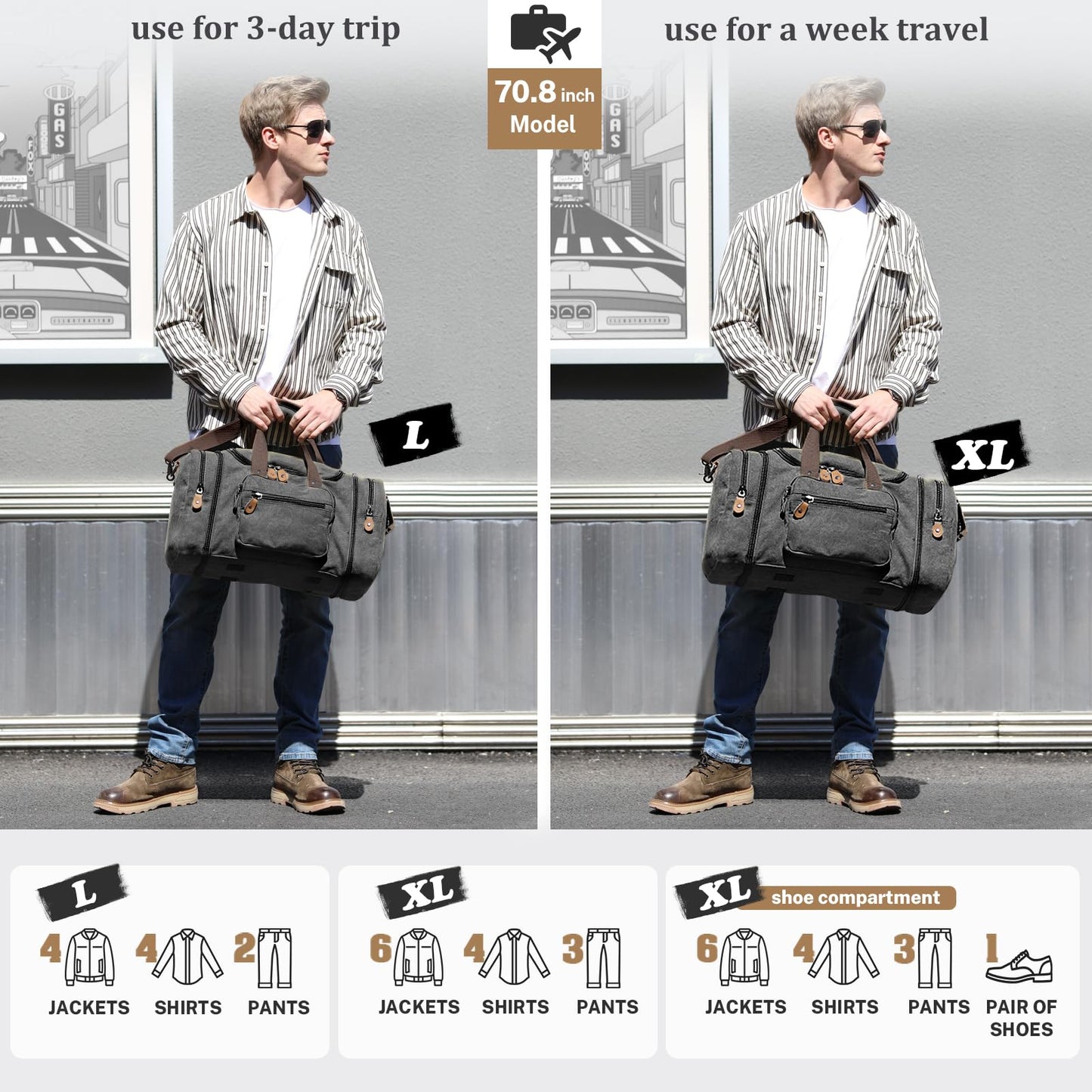 Gonex Expandable Canvas Holdall for Men, 50L / 60L Duffel - Multi-Pockets Overnight Weekend Bag, Unisex Holdall Travel Duffle - Weekender bag, Dark Grey