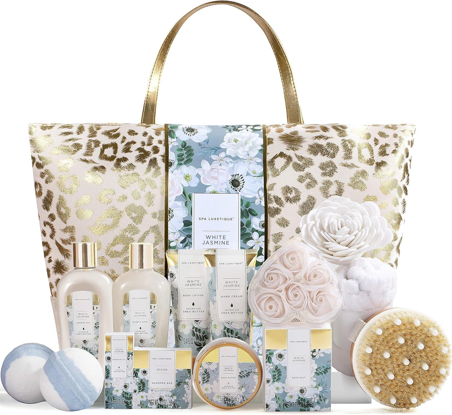 Bath Sets for Women-Spa Luxetique Spa Gift Set,15pcs Jasmine Luxury Bath Gift with Essential Oil, Bubble Bath, Body Butter, Gifts for Mum, Womens Gift Sets, Birthday Gifts for Her, Mothers Day Gifts