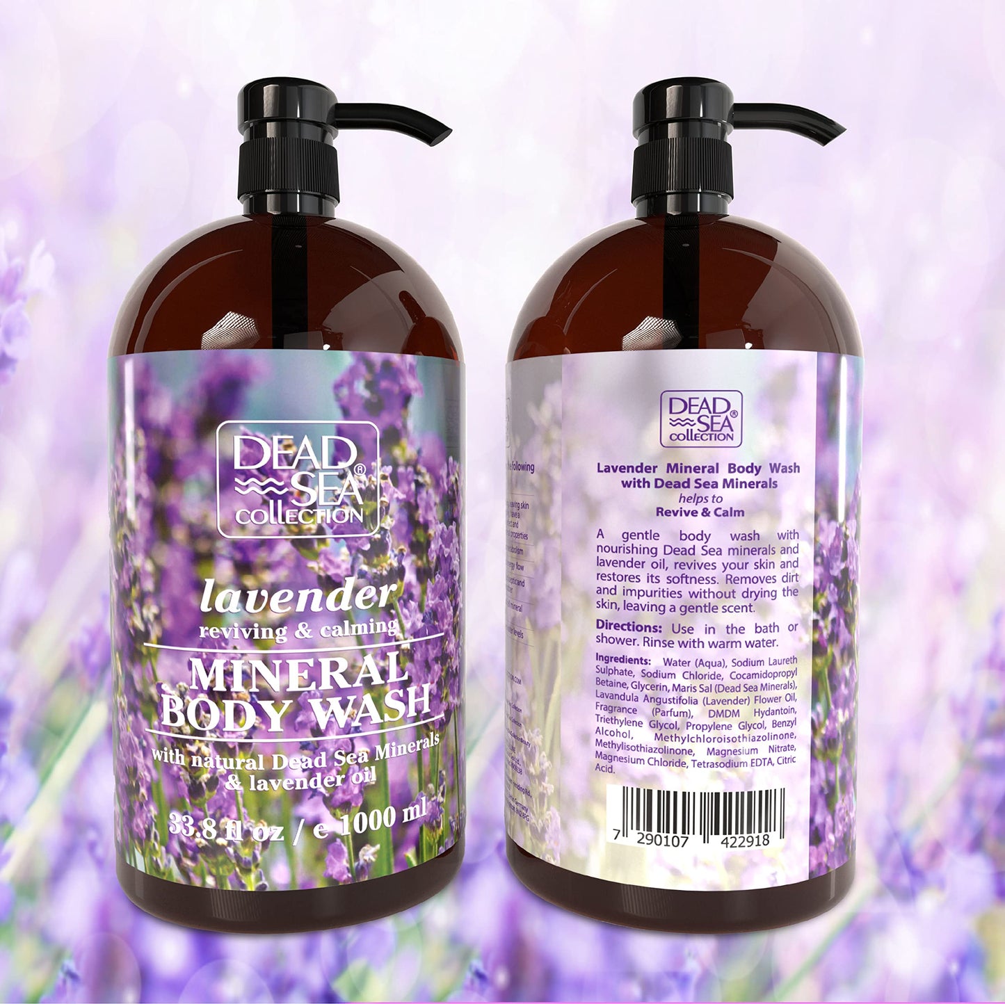 Dead Sea Collection Shower Gel for Women and Men - Body Wash with Pure Dead Sea Minerals and Lavender Oil - Cleanses and Moisturizes Skin - Pack of 2 (1000 ml. each)