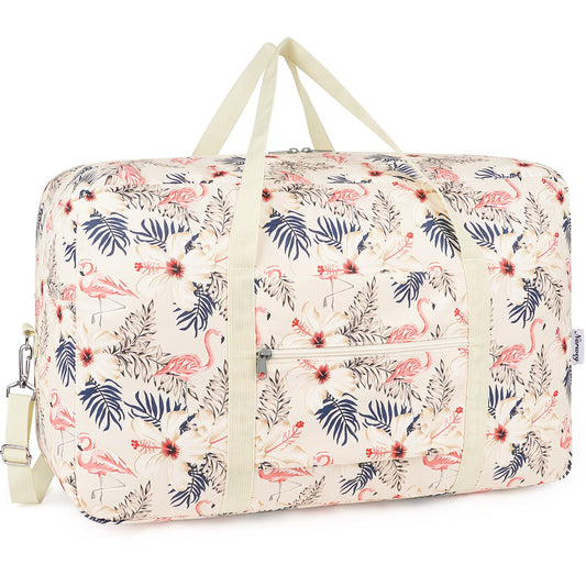 for Airlines Large Cabin Bag 56x45x25 Foldable Travel Duffel Bag Holdall Tote Carry on Luggage Overnight for Women and Men 40L (Beige Flamingo)
