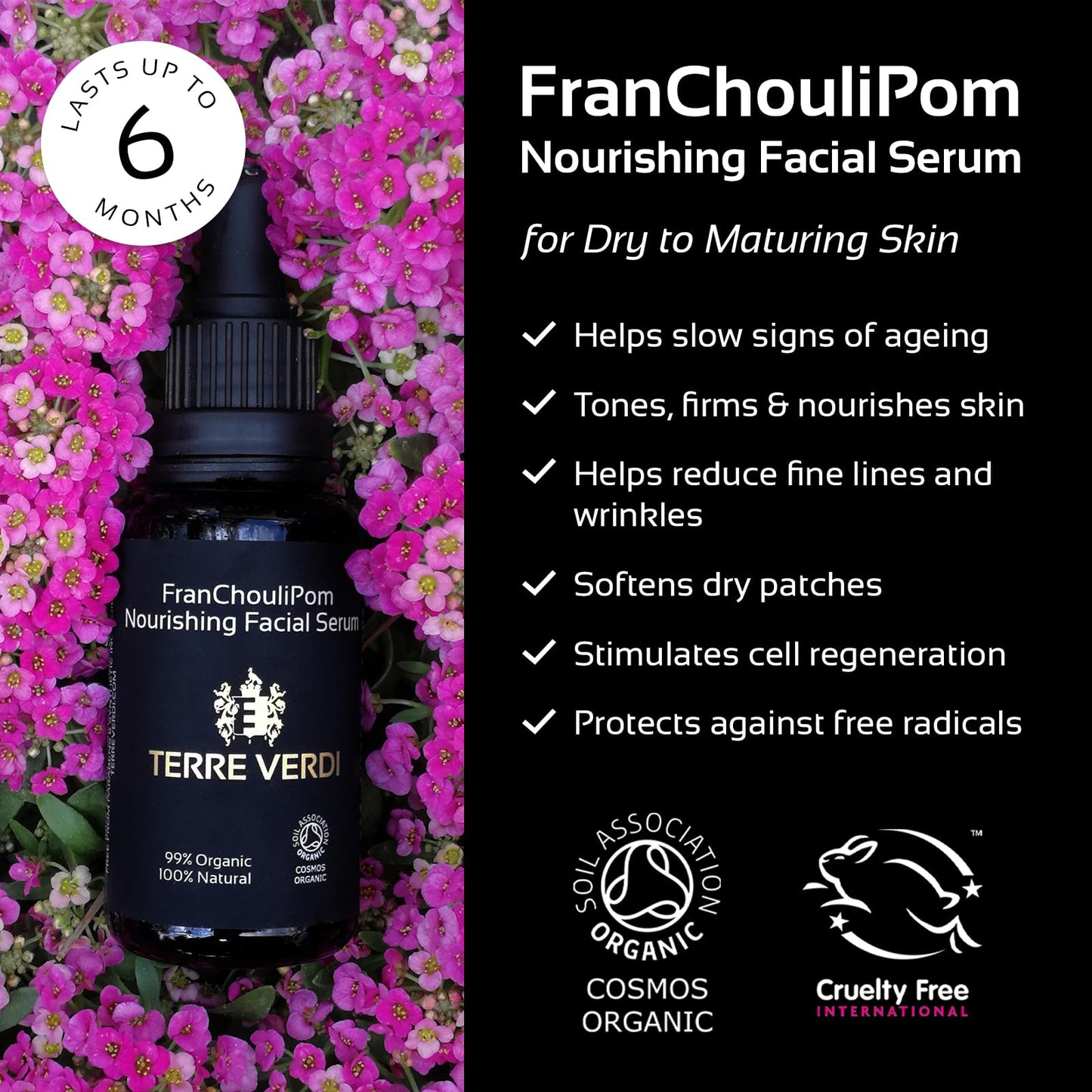 Terre Verdi Certified Organic Face Serum - FranChouliPom - Vegan Facial Serum - Anti Aging Face Serum & Face Oil with Argan Oil, Neroli, Frankincense, Patchouli, Pomegranate Oil - Cruelty Free - 30ml