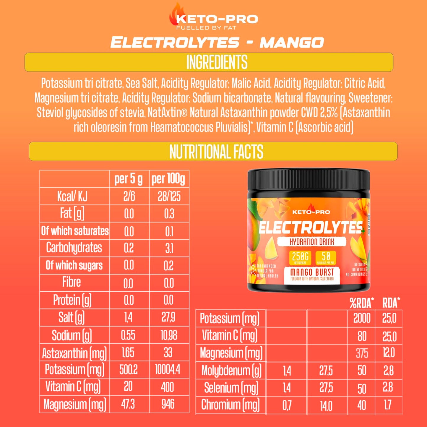 Keto-Pro Electrolytes 250g | Keeping You Electric | Electrolyte Powder & Salts with Astaxanthin | Supporting Your Keto Fasting, Health & Fitness Goals | Mango Burst Flavour