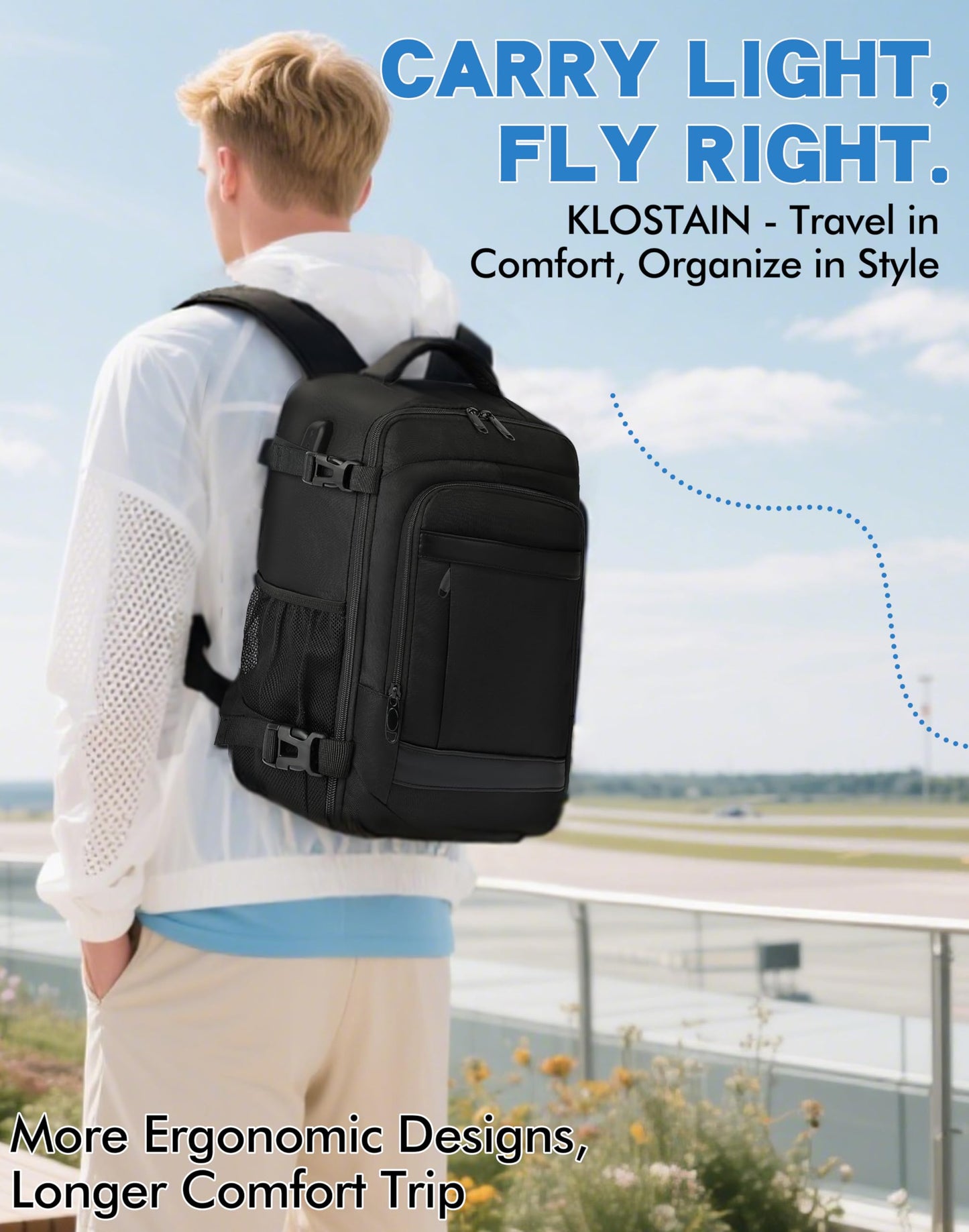 KLOSTAIN Cabin Bags 40x20x25 for Ryanair Underseat Travel Backpack Hand Luggage Carry-ons Bag Cabin Size 20L for Airplanes Flight Ruscksack Black