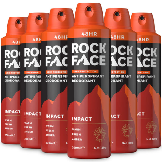 Rock Face Antiperspirant Deodorant for Men - Impact Ginger & Amber Scent, 200ml Spray, 48 Hour Protection, Non-Staining, Multipack of 6