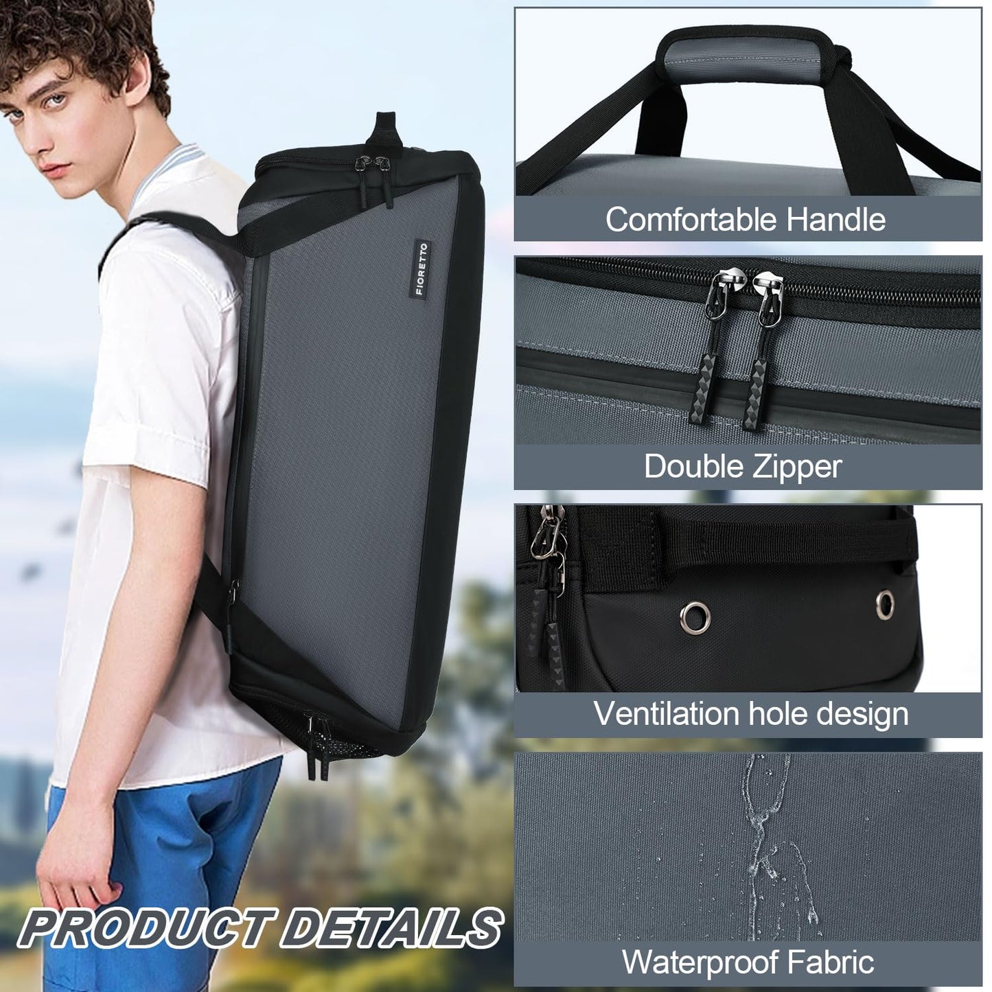 FIORETTO 45L Mens Sports Gym Bag with Wet Pocket & Shoe Compartment, Travel Duffle Bag Overnight Bag with Padded Shoulder Strap, Water-Resistant Holdall for Swimming, Basketball, Football Grey