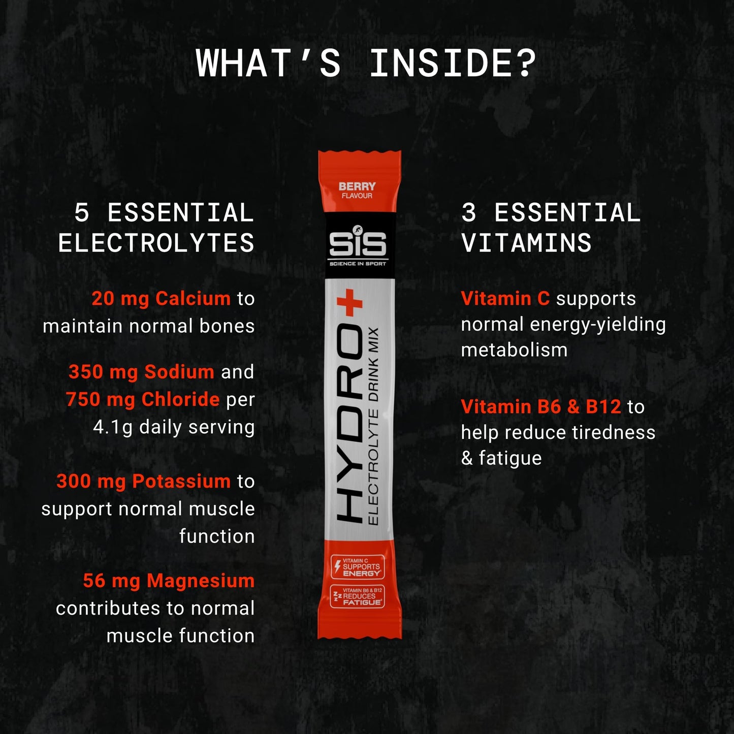 Science in Sport Hydro+ Electrolytes Powder Sachets with 5 Essential Electrolytes and Added Vitamins C, B6, and B12 for Hydration Drink | Berry, Pack of 20 Sachets