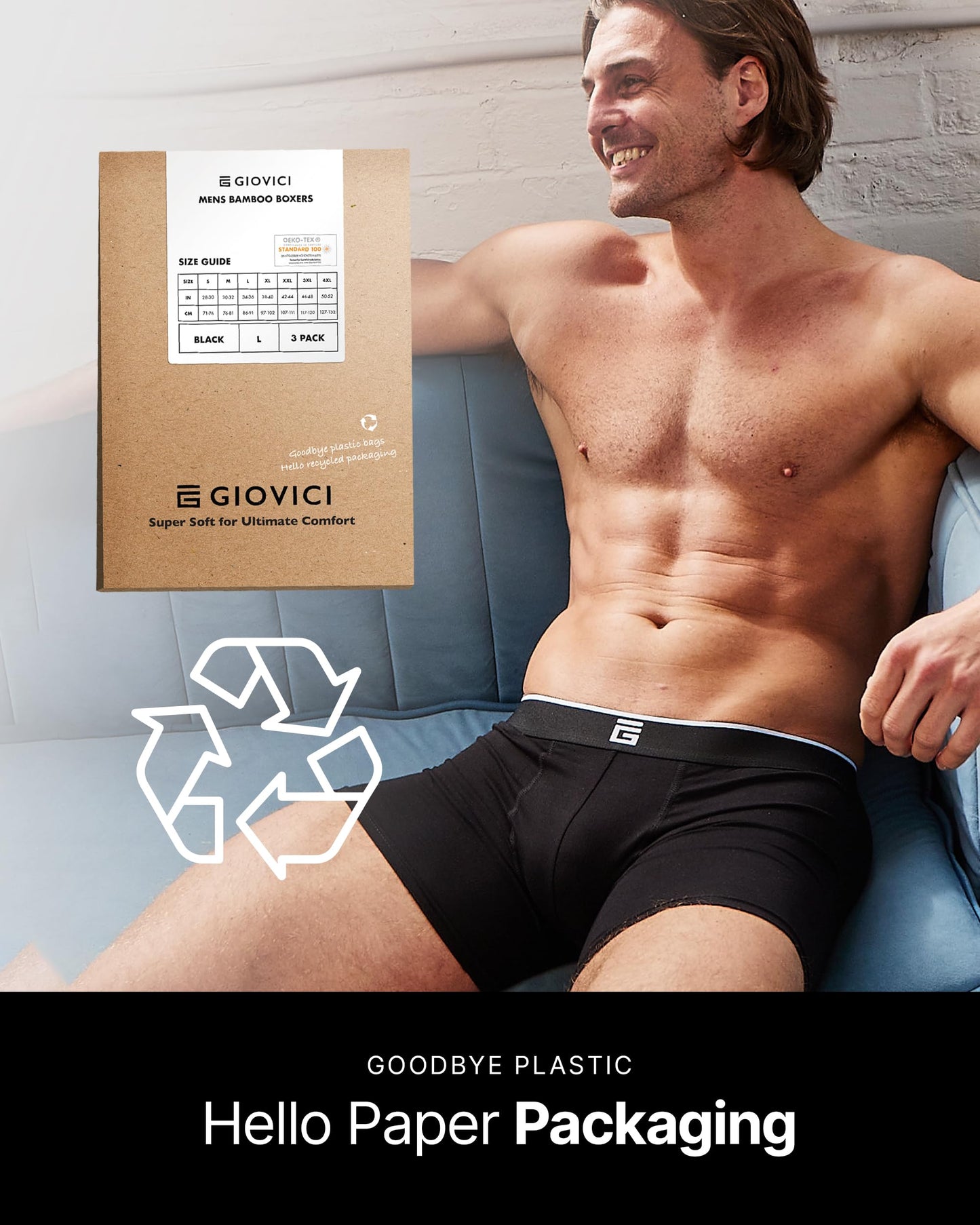 Giovici Mens Boxers Bamboo Anti Chafing Soft Comfortable Boxer Briefs Longer Leg - Boxer Shorts Multipack - Moisture Wicking Technology (3 Pack, Black, L)