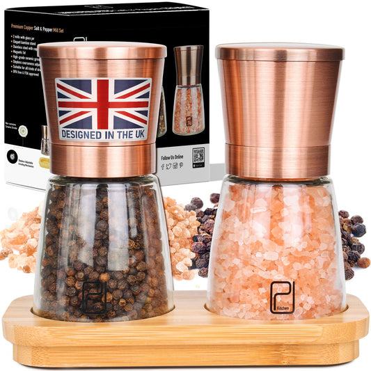 Premium Salt and Pepper Grinder Set w/Bamboo Holder - 6 oz, Copper Stainless Steel - S&P Spice Shakers - Refillable & Adjustable Coarseness Hand Mill for Spices & Seasonings - by PJC-Kitchen
