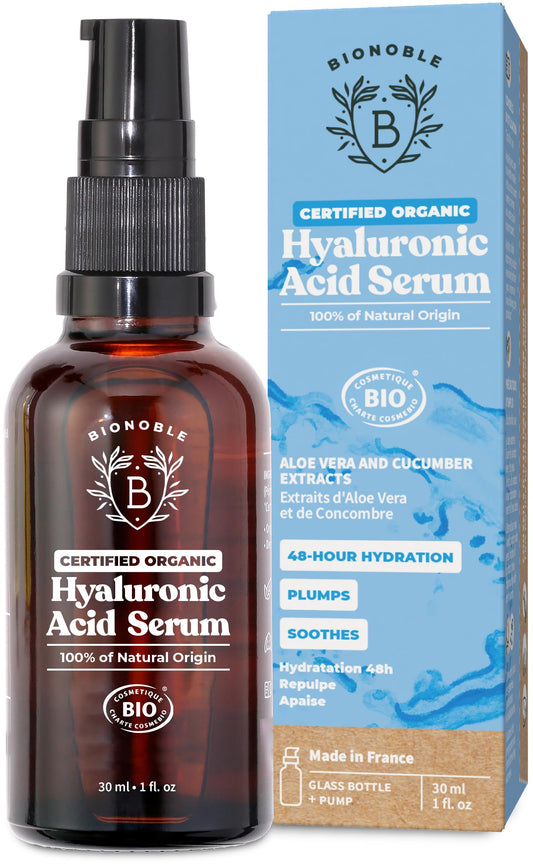BIONOBLE Hyaluronic Acid Serum Certified Organic - Hydrating, Anti Wrinkle & Anti Aging with Aloe Vera - Vegan Face Serum for Women Mature Skin & All Skin Types - Glass Bottle + Pump - 30ml
