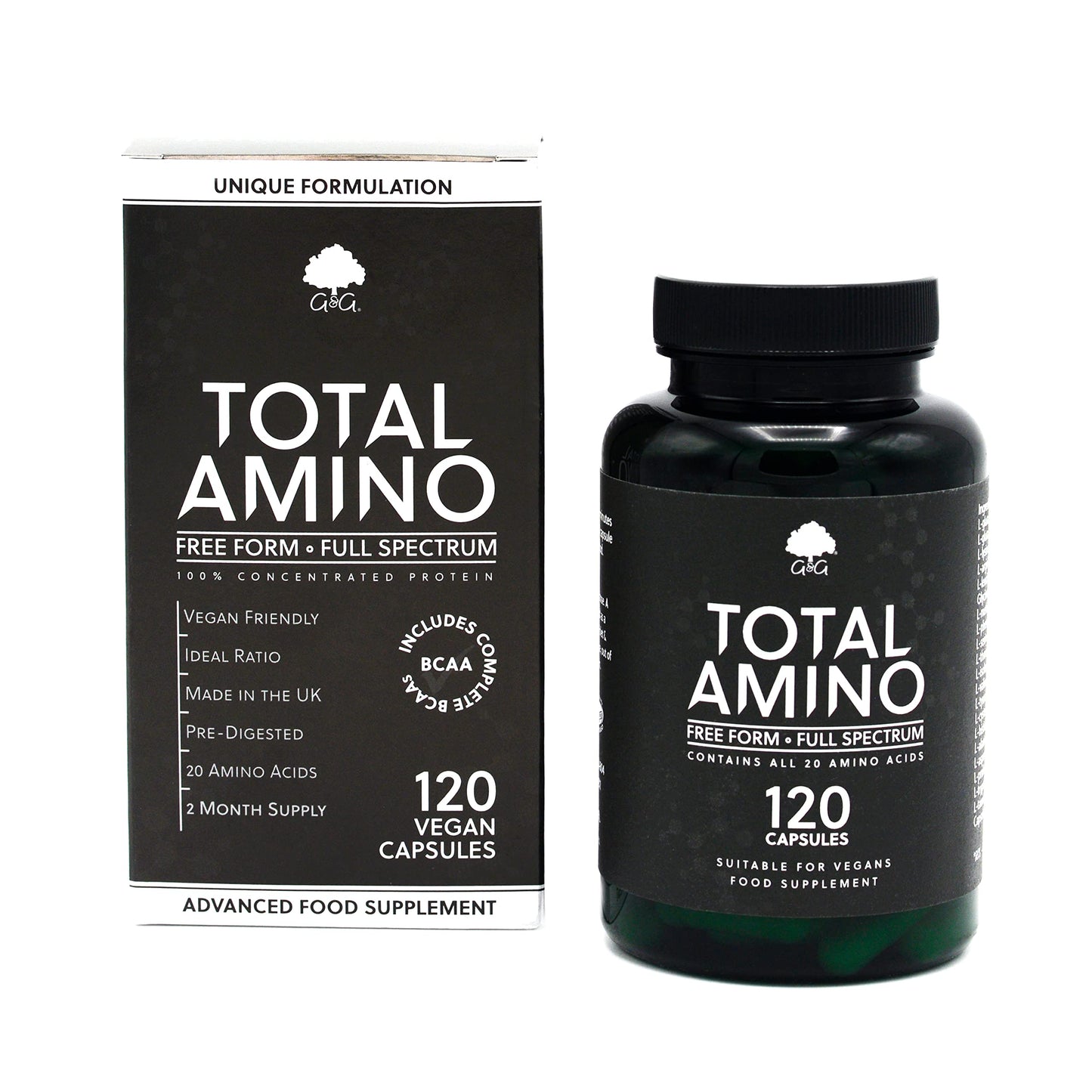 Total Amino | Full Spectrum Amino Acids Capsules | BCAA | Free Form Amino Acids | 120 Vegan Capsules | G&G Vitamins (Packing May Vary)