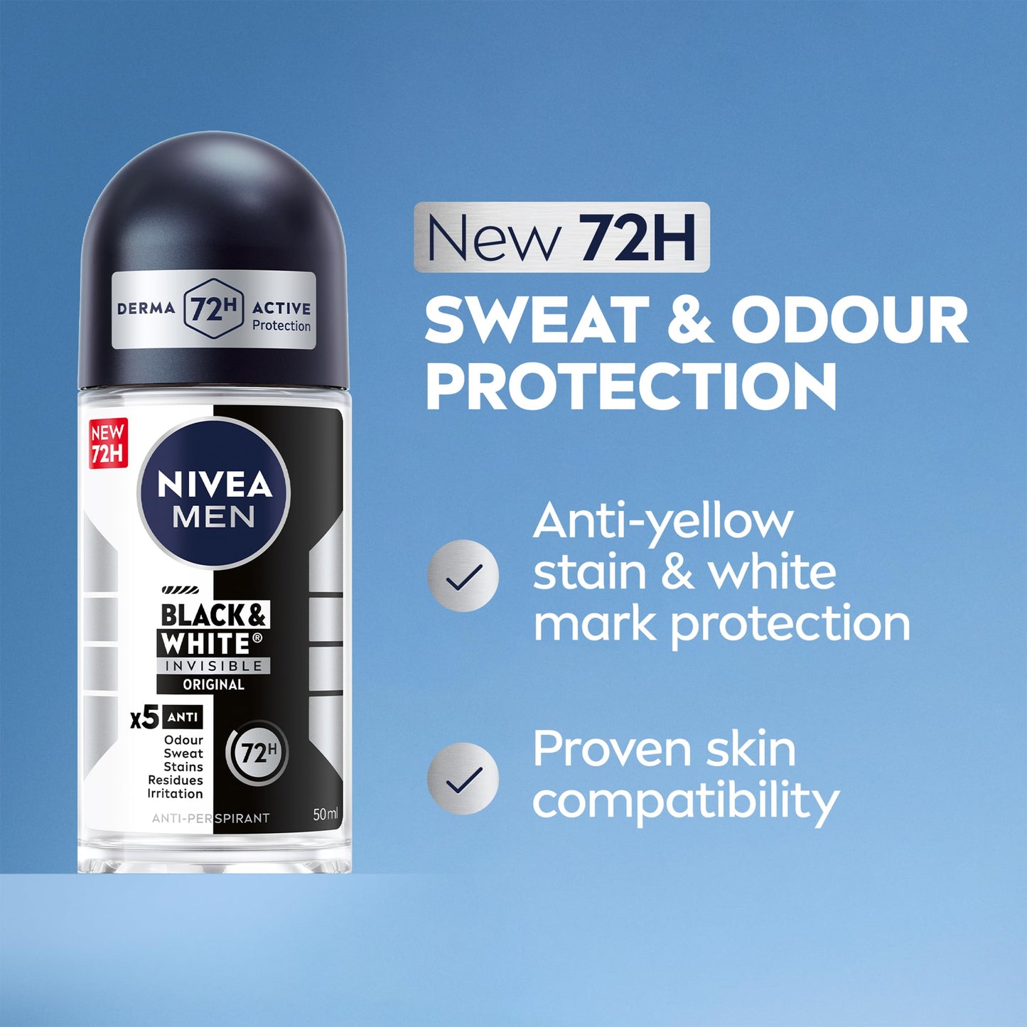 NIVEA MEN Black & White Original Anti-Perspirant Roll On (50ml), 72hr Anti-Sweat Roll On Deodorant for Men, No Stains on Black and White Clothes