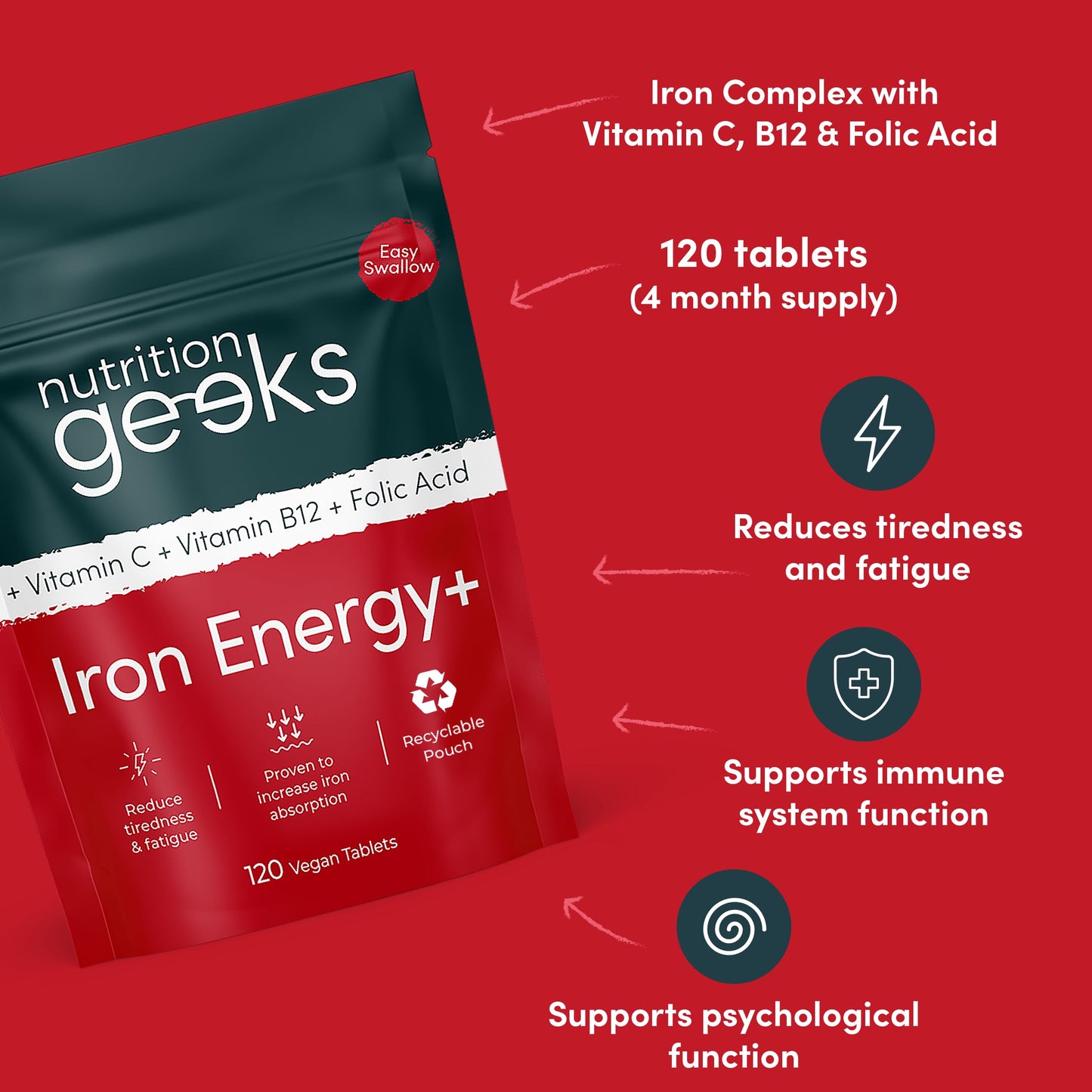 Iron Tablets High Strength - Energy Tablets with Vitamin C, B12 & Folic Acid - 120 Vegan Iron Supplements for Women and Men - 14mg - Enhanced Energy Support & Increased Absorption - UK Made