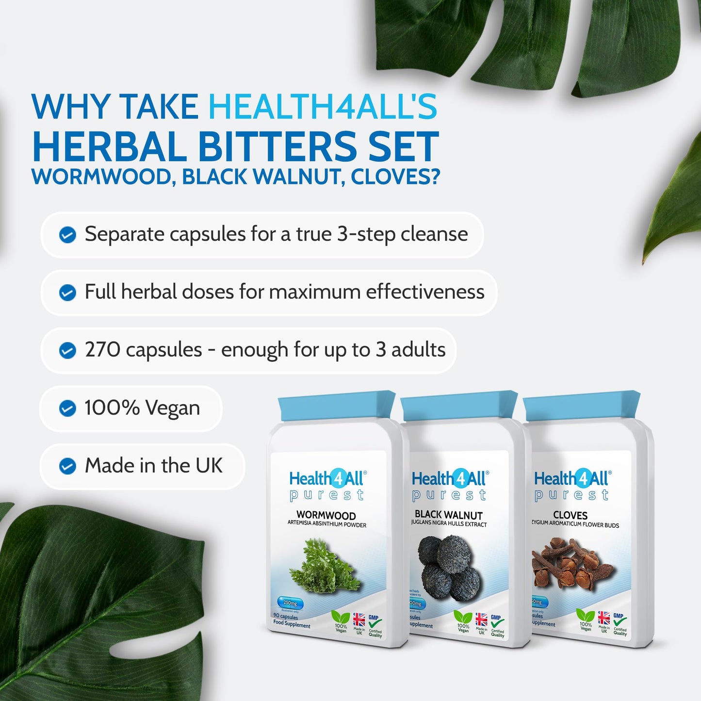 Health4All Wormwood, Black Walnut, Cloves Digestive Dewormer Detox Cleanse for Humans Set 3x90 Capsules. Vegan. Purest - no additives Intestinal Detox Supplement