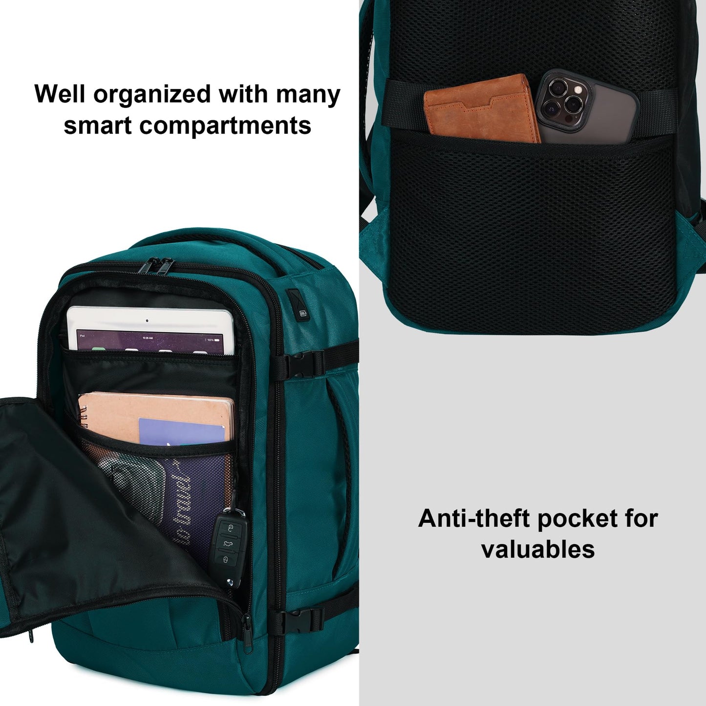 ECOHUB Ryanair Cabin Bag 40x20x25 Underseat Travel Bag 9 Pockets Hand Luggage Backpack Recycled PET Eco Friendly Rucksack for Women & Men Carry on Bag with USB Port, 20L,Blue Green