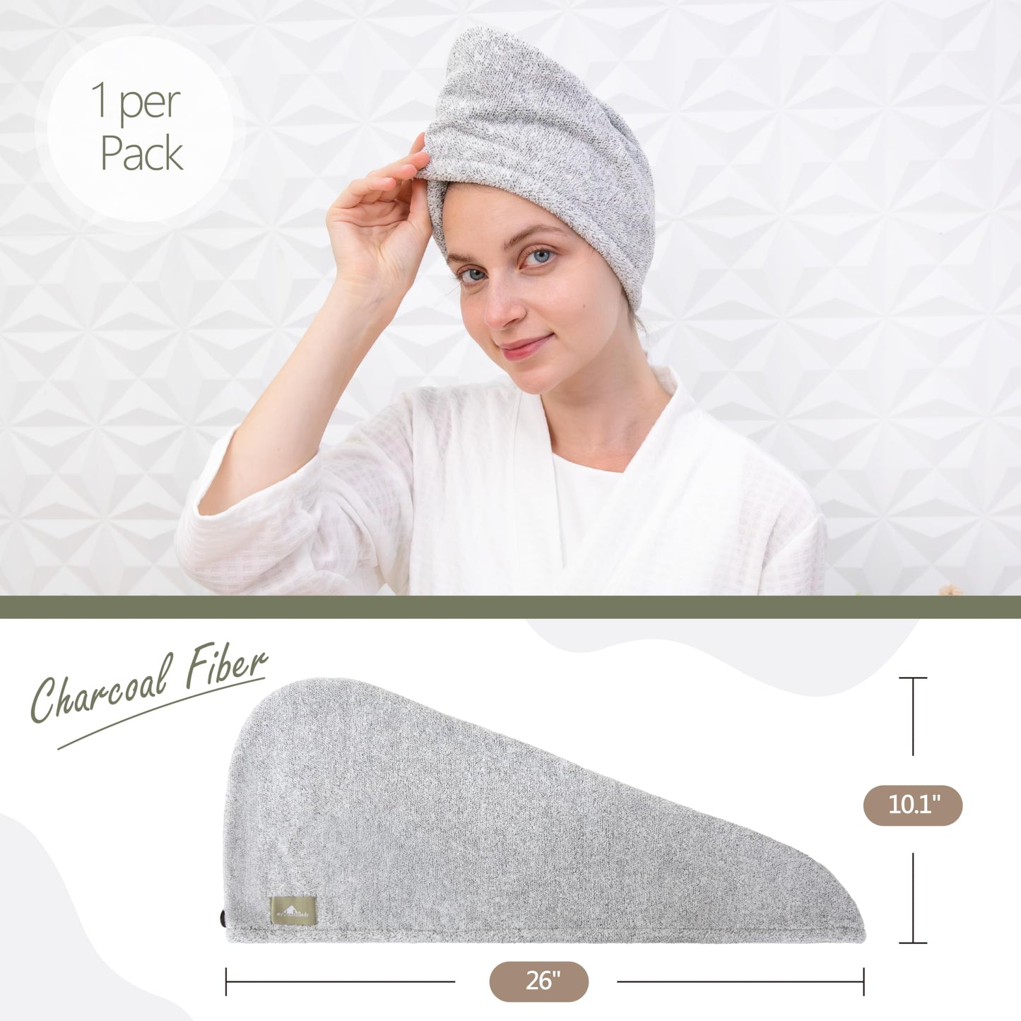 myHomeBody Hair Towel Wrap, Luxury Rapid-Dry Hair-Drying Turban, Ultra Soft and Quick Drying Absorbent Charcoal Fiber, with Coconut Shell Button - Gray