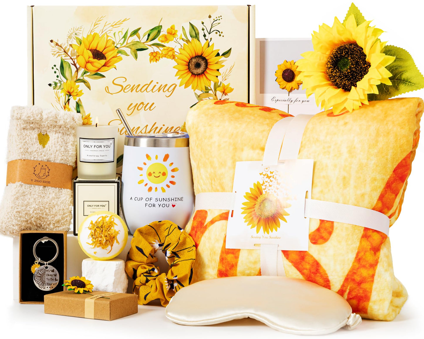 Sunflower Pamper Gifts for Women,Birthday Gift Set Self Care Package Relaxation Spa Bath Box for Mother, Get Well Soon Gift Baskets for Her, Hamper Gift for Women, Friend, Sister, Mom with Blanket