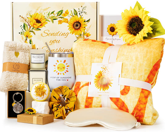 Sunflower Pamper Gifts for Women,Birthday Gift Set Self Care Package Relaxation Spa Bath Box for Mother, Get Well Soon Gift Baskets for Her, Hamper Gift for Women, Friend, Sister, Mom with Blanket