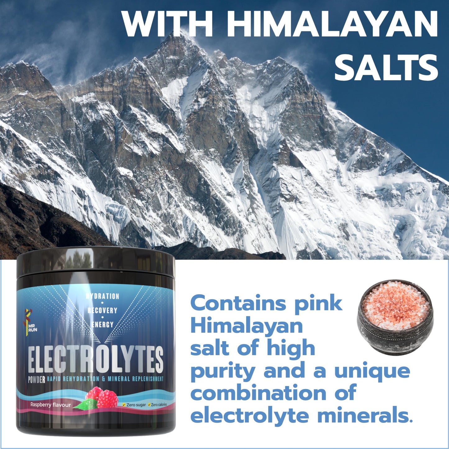 Electrolytes Powder 250g, 100 Servings - Rapid Rehydration with Himalayan Salt, Zero Sugar - Hydration Energy Recovery - Running Gym Keto Fasting Salts - UK Made, Vegan, Raspberry Flavour