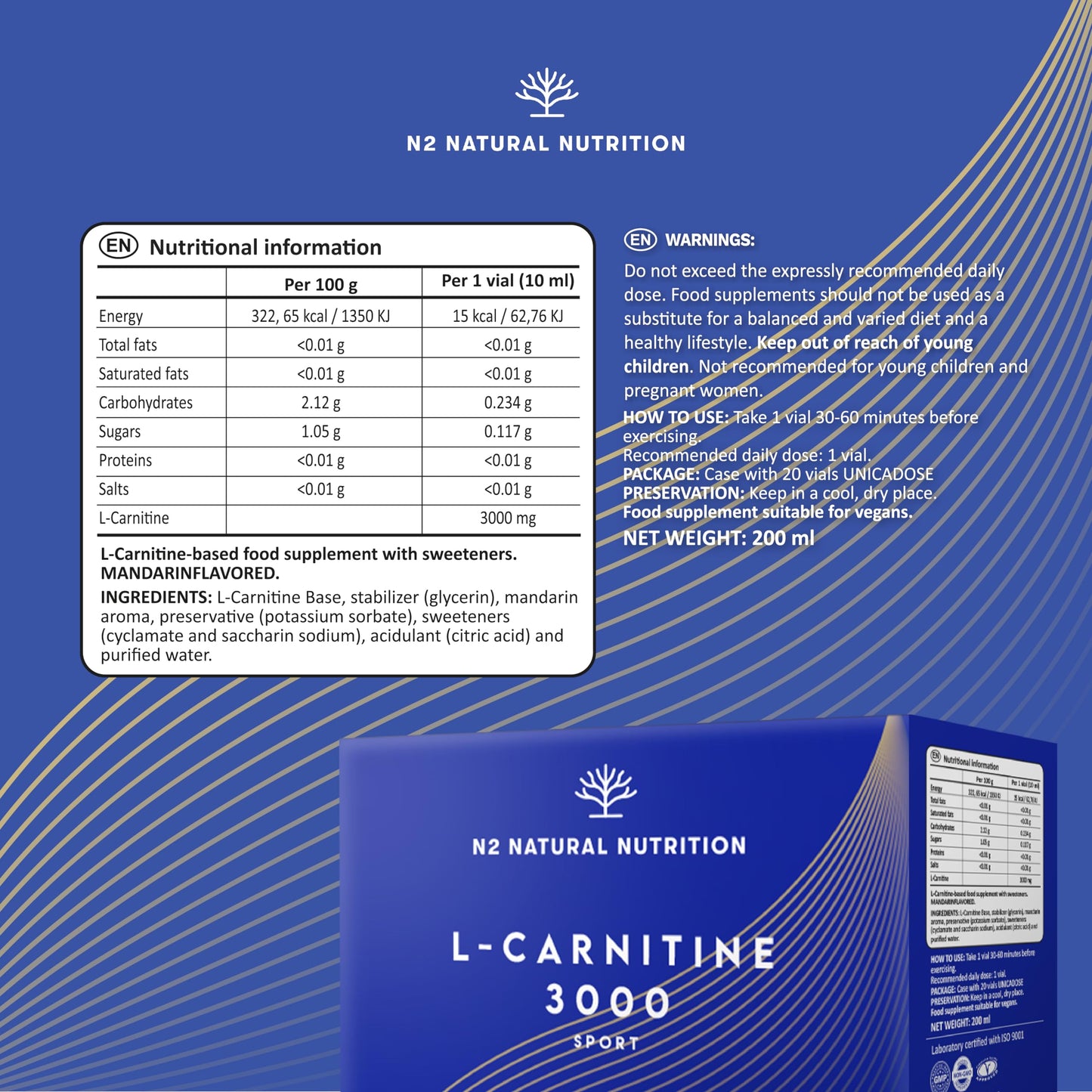 Pure L CARNITINE 3000 Liquid Shots | 40 Easy Opening Vials | Weight Loss, Fat Burner, High Concentration | Fast Absorption for Sports Activities | UK Vegan Certified | N2 Natural Nutrition
