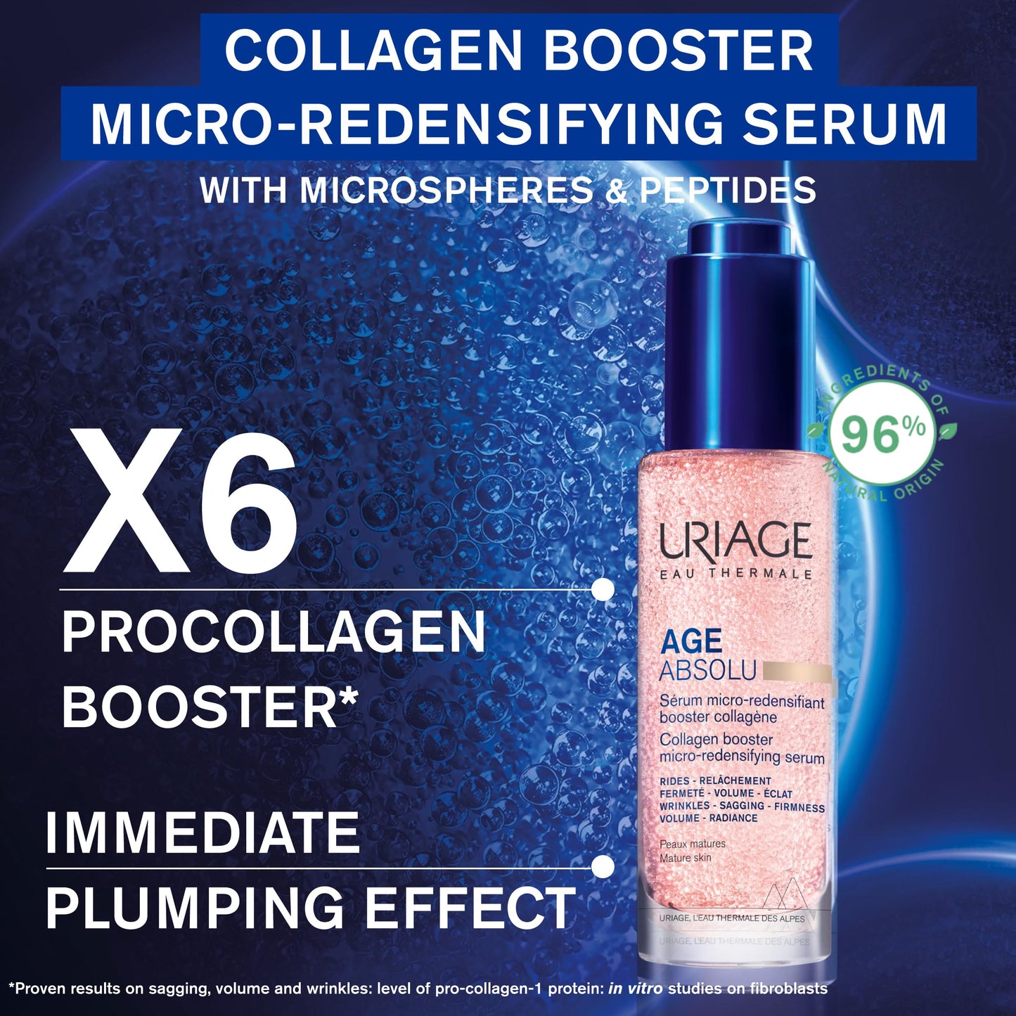 Uriage Age Absolu Collagen Booster Micro-redensifying Serum with Procollagen Peptides & Retinol - Immediate Plumping Effect, X6 Collagen Booster - Wrinkles, Radiance, Volume - Non-greasy Finish - 30ml