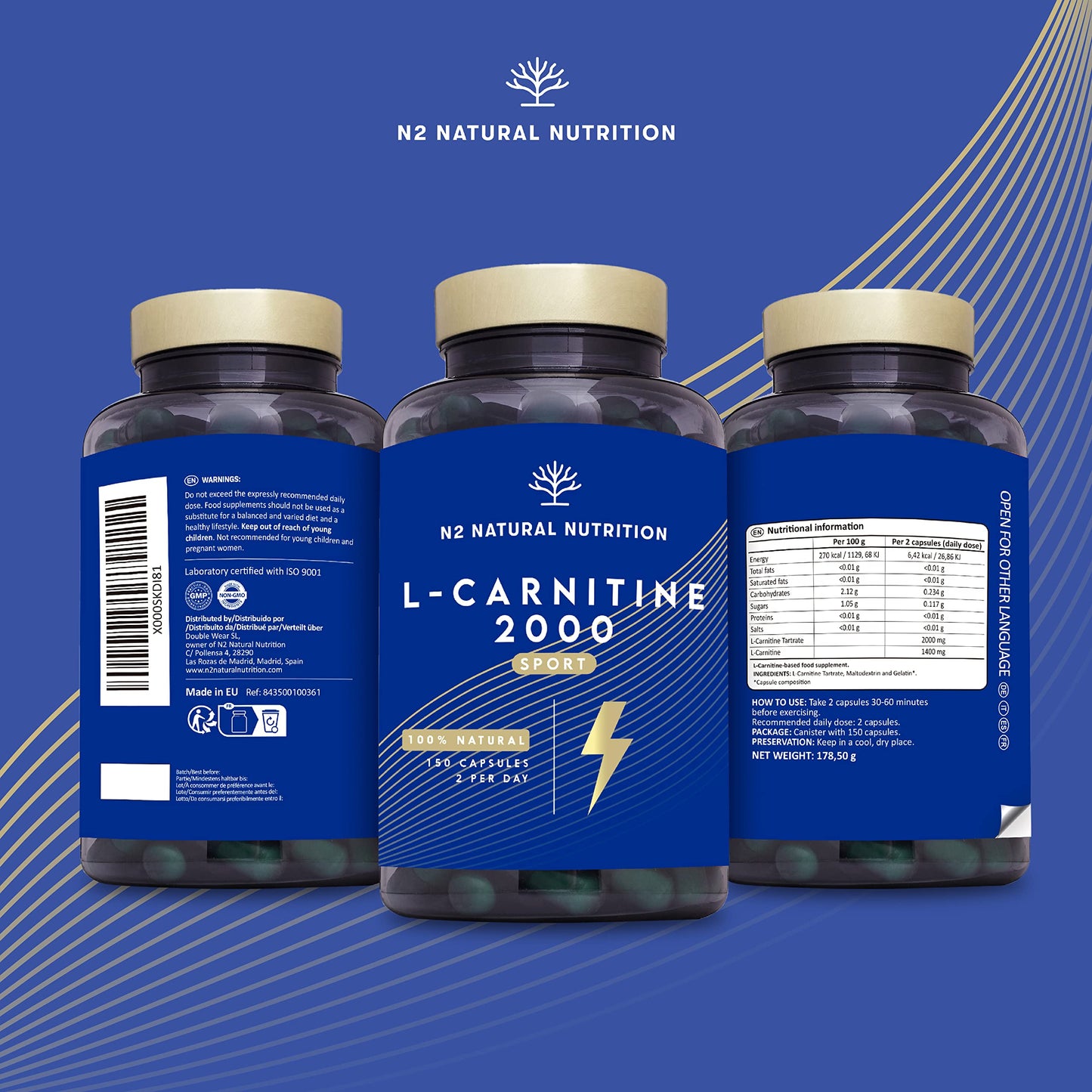 Natural L CARNITINE 2000mg 150 Capsules 75 Days (only 2 Capsules per Day) High Concentration Improves Sports Performance. Weight Loss, Energy Resistance. CE Manufactured. N2 Natural Nutrition