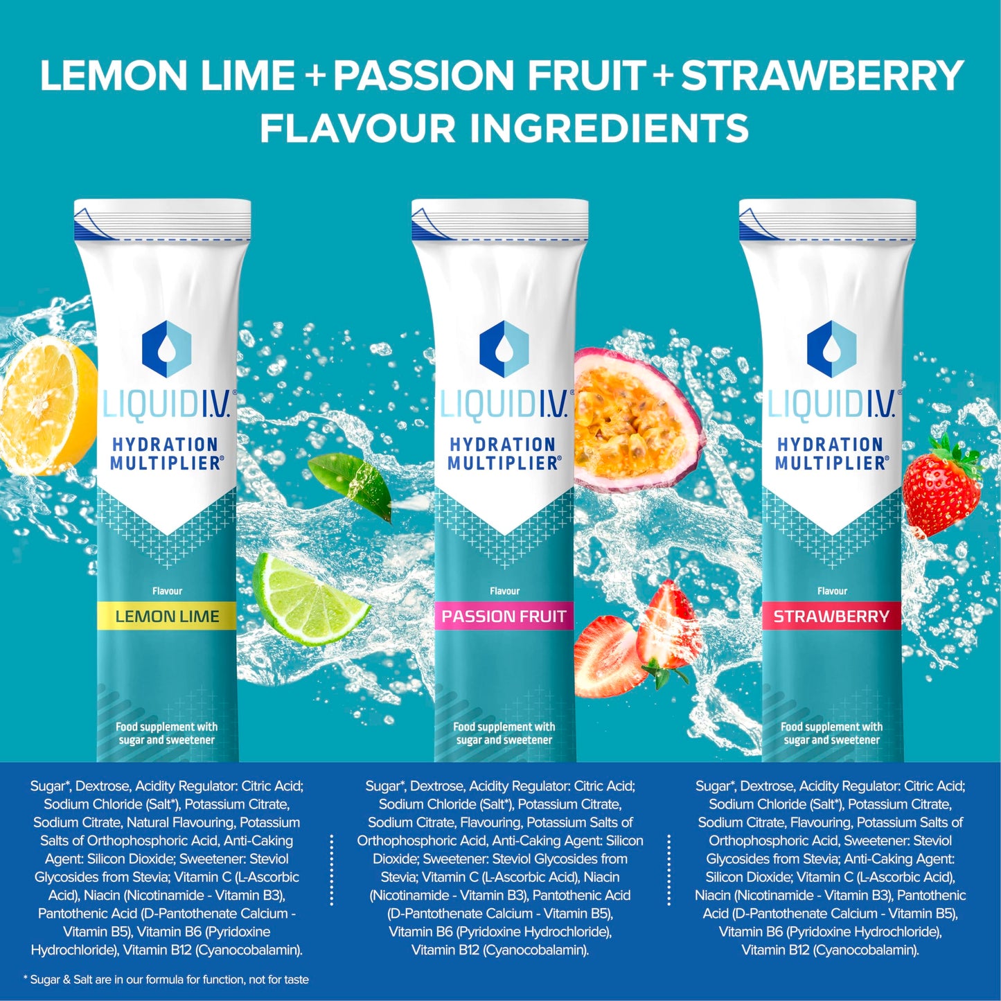 Liquid I.V. Hydration Sachets | Lemon Lime + Passion Fruit + Strawberry | Electrolyte Powder Mix | 3 Pack (18 Sticks) | 7 Vitamins and Minerals | Vegan